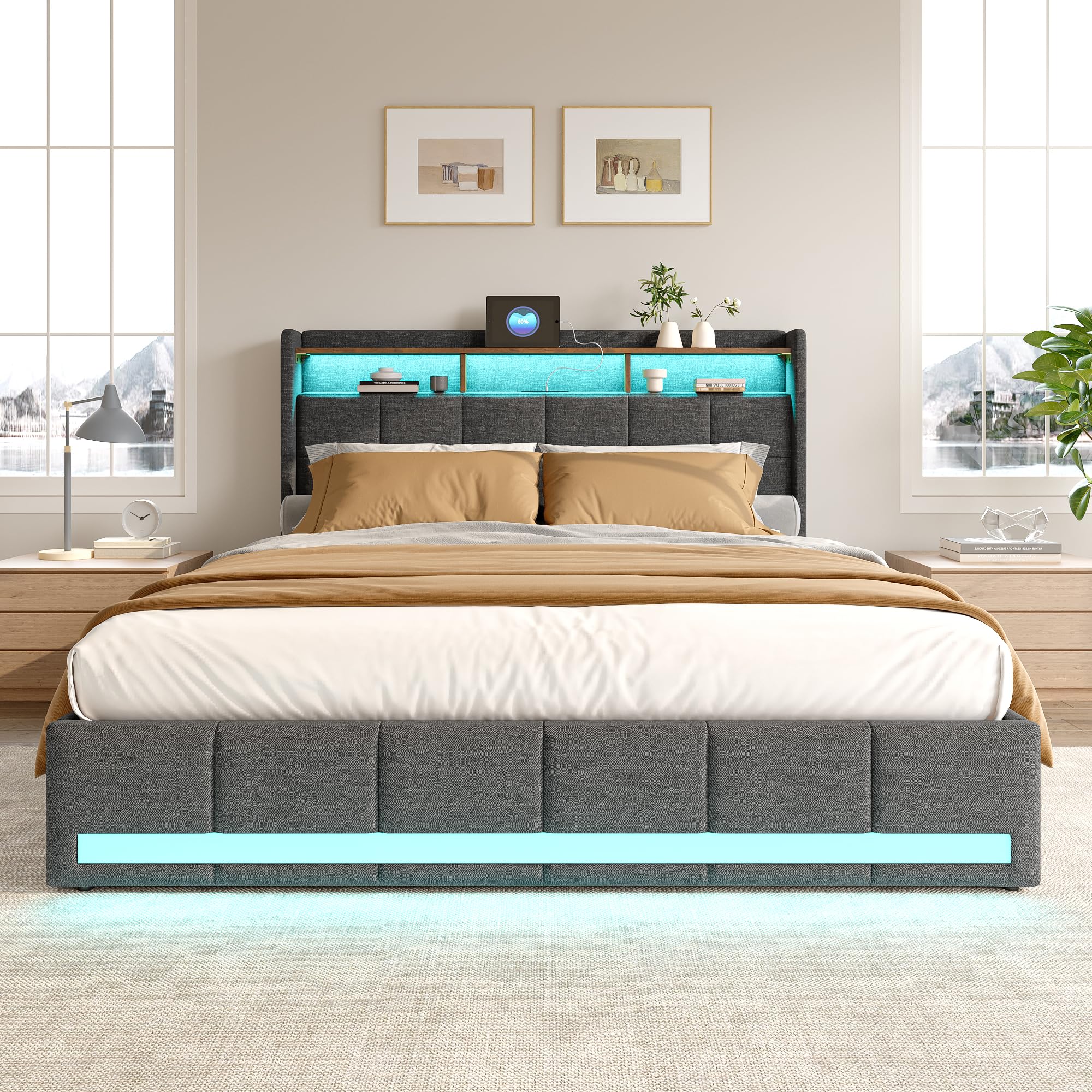 Gegtuon Gestoffeerd Bed Opbergbed 180x200 met Ledverlichting