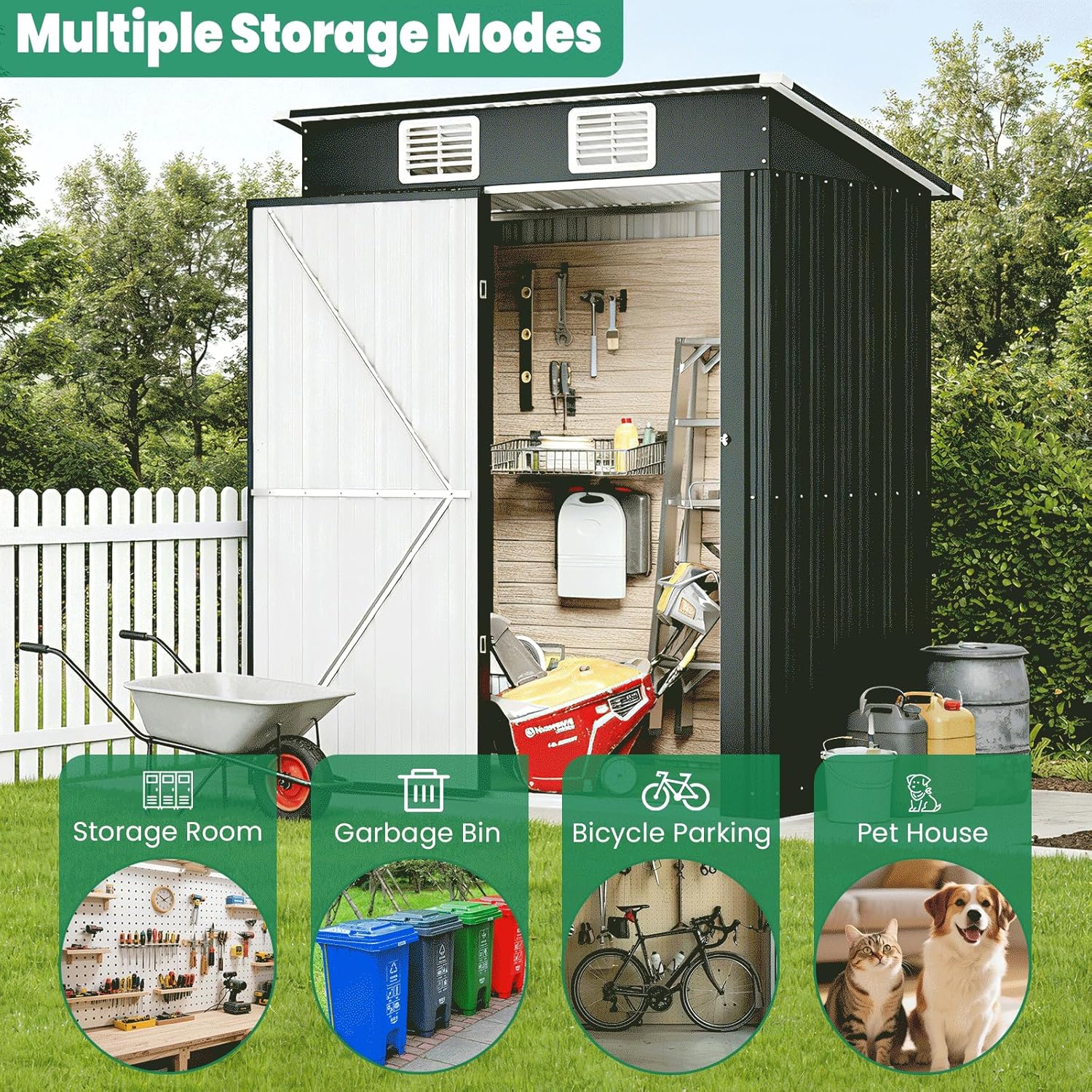 5x3 FT Outdoor Storage Shed, Weatherproof Garden Shed with Lockable Double Doors, Sloped Roof & Ventilation for Backyard, Patio, Poolside
