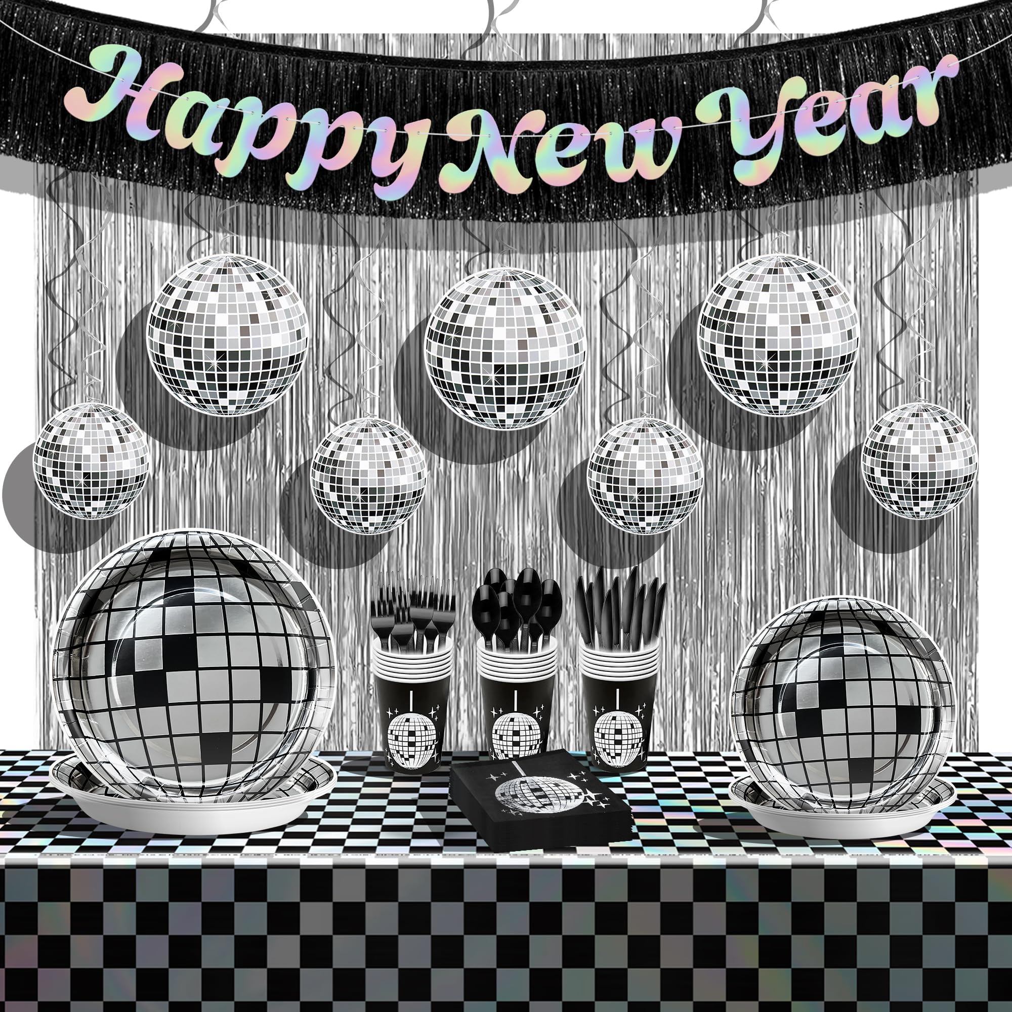 KatchOn, Suministros para fiesta de Año Nuevo 2025 – Paquete de 197 | Sirve 25, vasos, platos y servilletas de Feliz Año Nuevo | Globos de discoteca, flecos plateados | Mantel iridiscente plateado,