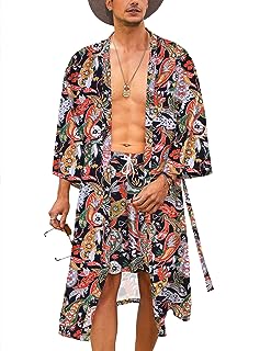 Men Lightweight 2 Piece Kimono Robe with Shorts Japanese Robes Casual Open Front Long Cardigan With Belt