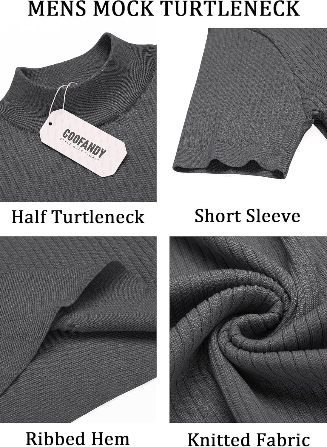COOFANDY Men's Mock Turtleneck Sweater Short Sleeve Casual Basic Tops Ribbed Knit Pullover Solid Tee - Image 5