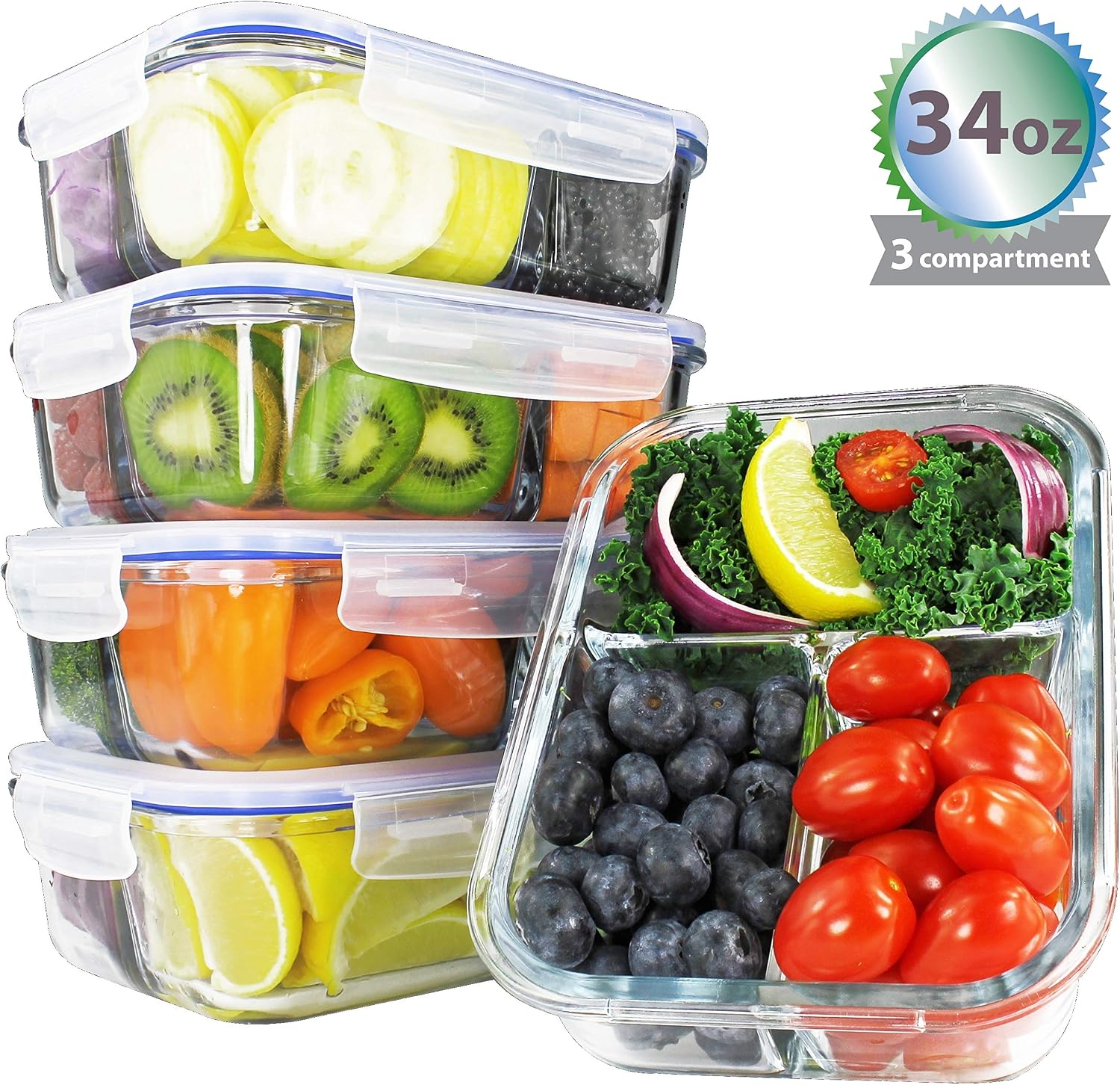 [34oz, 4-Pack Premium] Glass Meal Prep Containers 3 Compartment Set- Food Lunch Storage- Airtight Locking Lids - Portion Control -Microwave, Freezer, Oven & Dishwasher Safe (4.25 Cups)