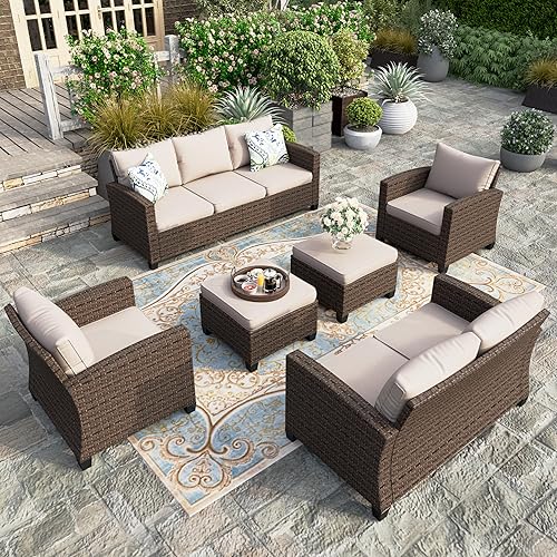 HERA'S HOUSE Wicker Patio Furniture Set, Outdoor Sectional Conversation Sets, 6 Pieces 9 Seats Outside Sofa Set for Lawn Backyard
