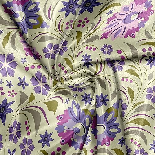 Miniatura 4 de Ambesonne Garden Art Fabric by The Yard, Pale Toned Background with Spring Flowers with Swirled Leaves, Decorative Satin Fabric for Home Textiles
