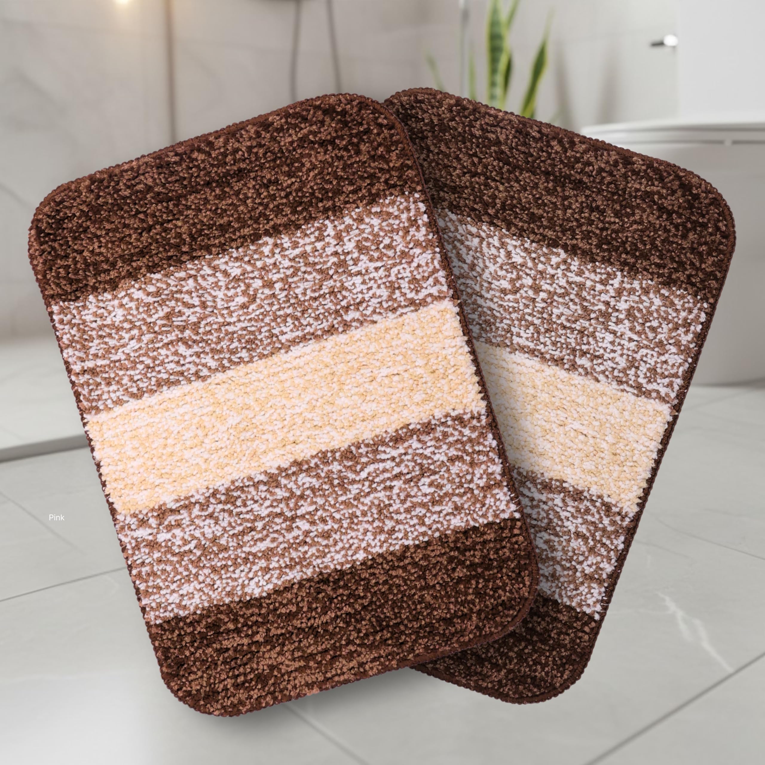Saral Home Microfiber Striped Anti-Skid Bath Mats,35x50cm Pack of 2(Brown)