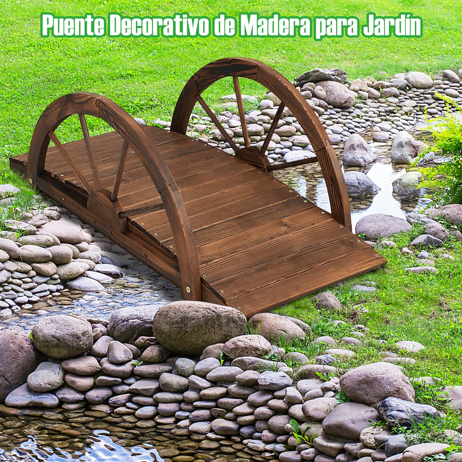 GOPLUS Puente de Jardín de Madera Abeto de 100 cm, Puente de Arco con Barandillas de Seguridad en Forma de Rueda, Puente Decorativo para Estanque Patio Jardin Arroyo Granja, 101,5 x 48,5 x 38 cm