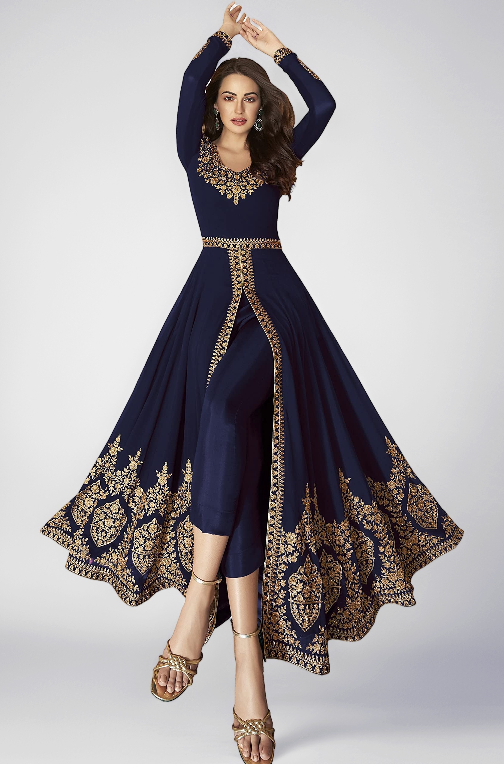 Divine International Trading Co Women's Faux Georgette Semi Stitched Top with Santoon Fabric Bottom and Faux Georgette Dupatta Embroidered Front Slit Anarkali Dress