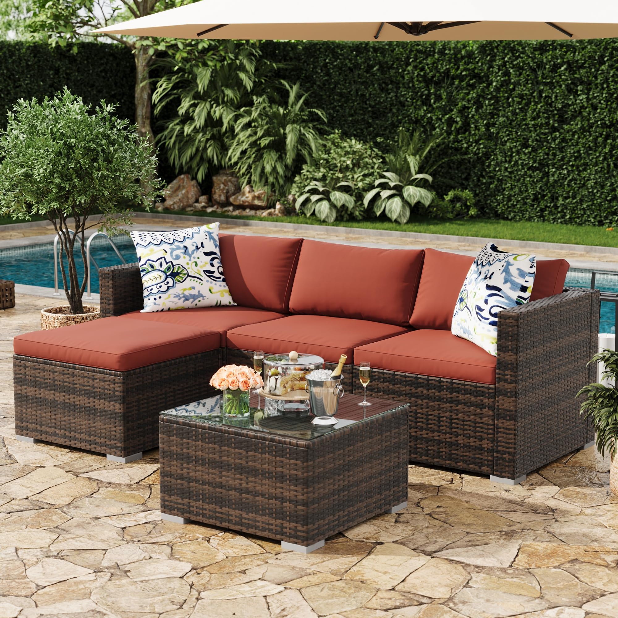 Photo 1 of ****Box 1 of 2****
MilleLoom -Piece Outdoor Sectional Sofa Set, All-Weather PE Rattan Patio Furniture with Ottoman & Tempered Glass Table, Convertible Garden Couch for Backyard, Porch, Poolside (Brown/Wine Red)