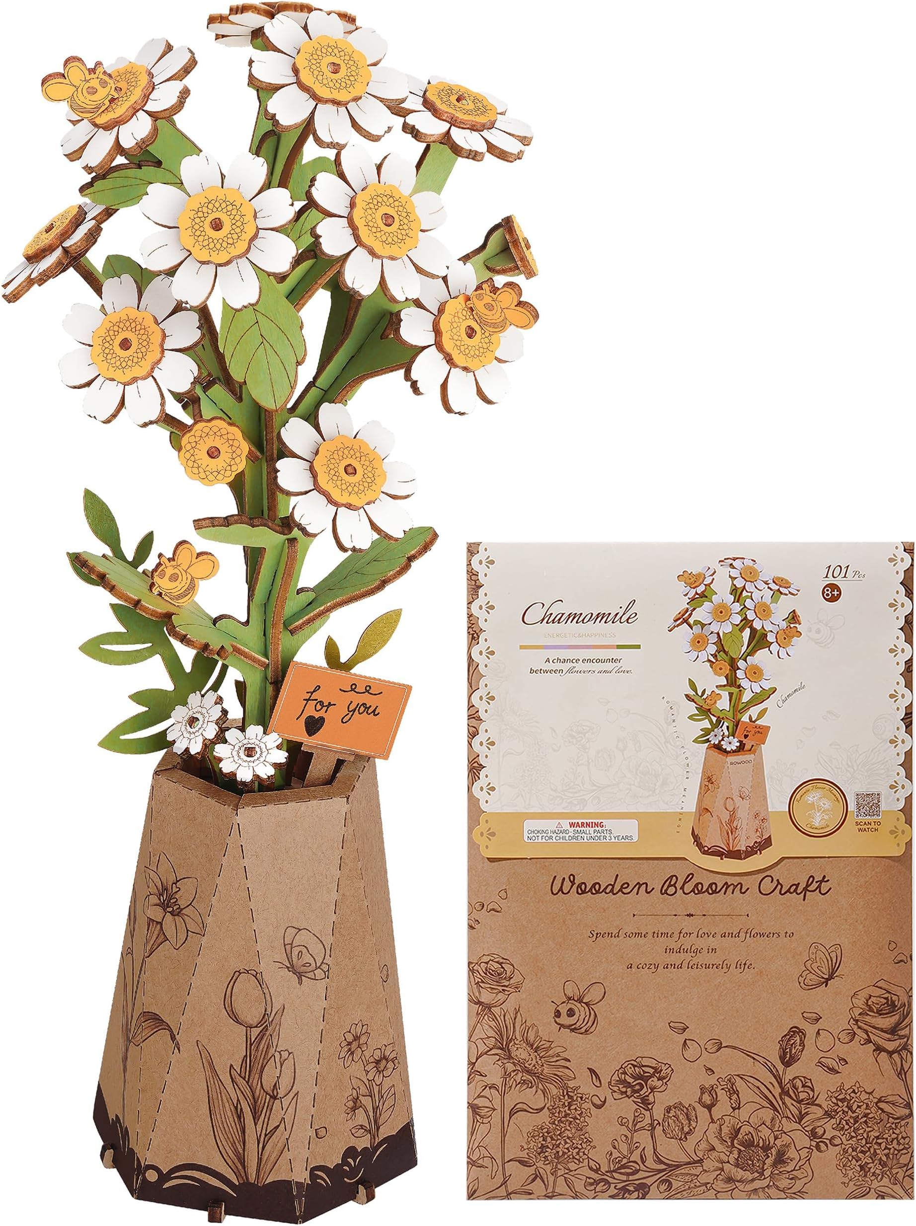 - 3D Flower Wooden Puzzles for Adults-Chamomile, DIY Wooden Flowers Model Kit Building Set Crafts for Adults to Build, Botanical Collection/Ideal Creative Gift Ideas/Housewarming (101PCS)