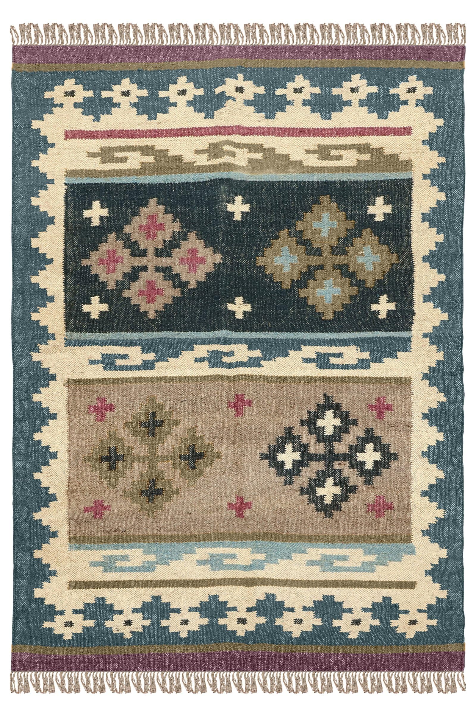 Tapis Kilim carré tissé main en laine jute gris déco