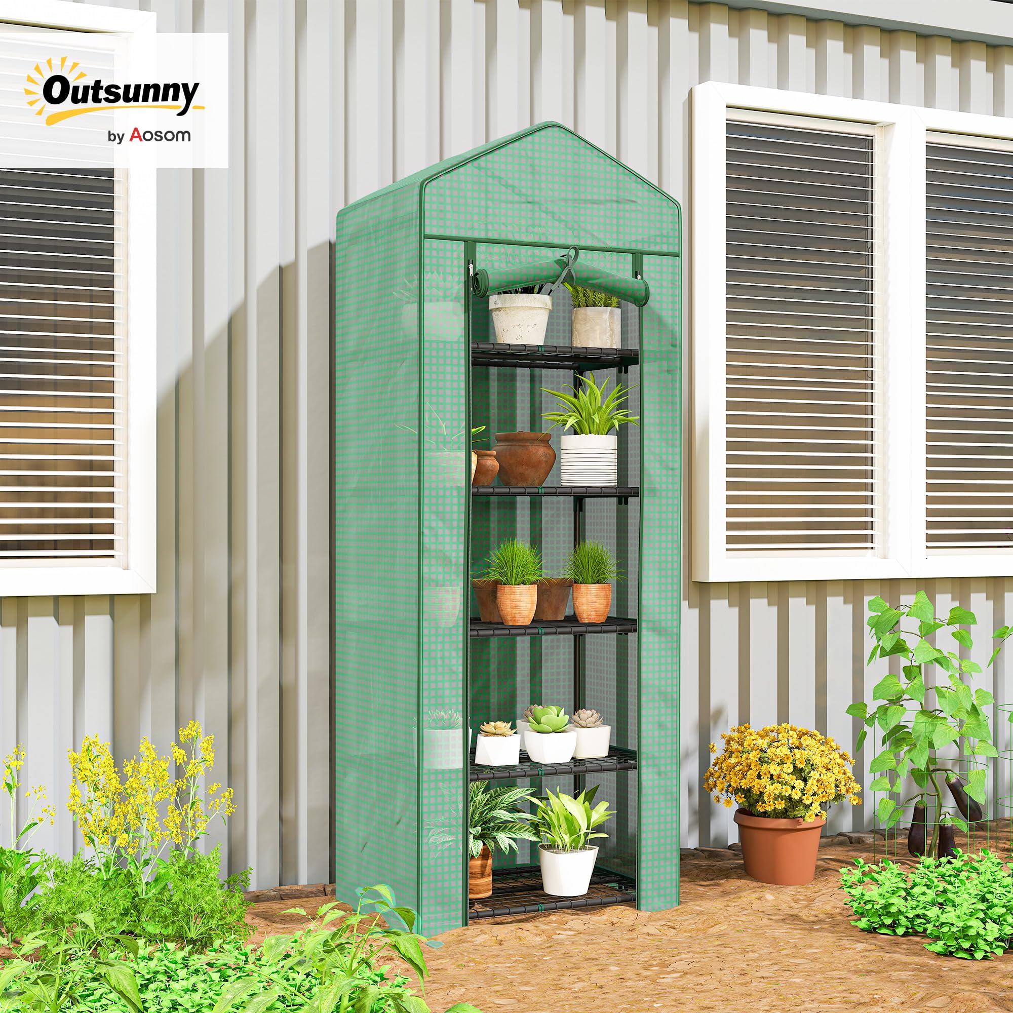 Outsunny Serra da Balcone a 5 Livelli con Porta Avvolgibile, Serra per Orto con Struttura in Acciaio e Copertura PE, per Piante Orto Verdure Fiori Frutta, 69x49x193 cm, Verde