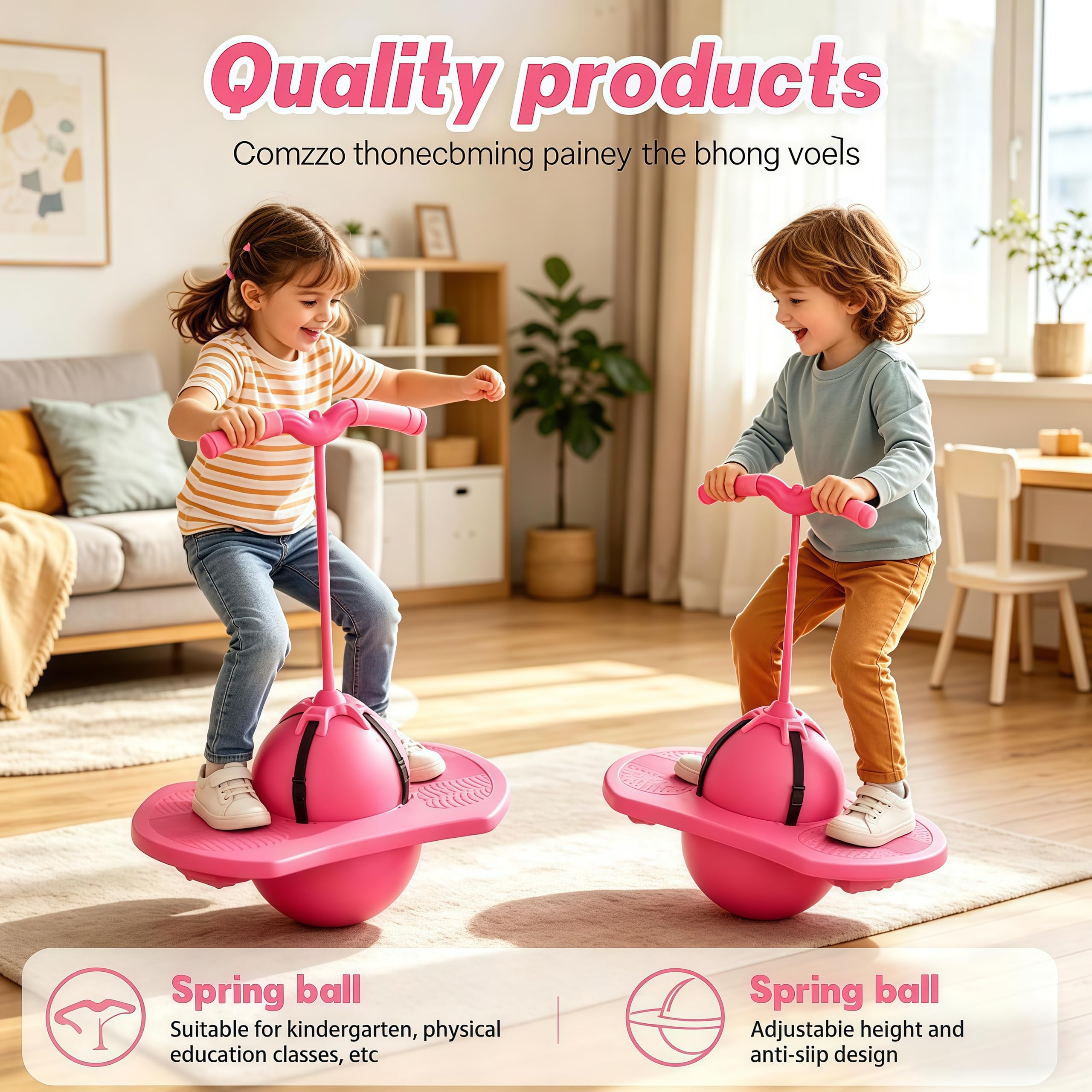 Balón de Salto Equilibrado, Pelota Saltarina con Mango,Balón para Saltar, Pelota de Salto de Pogo,con Bomba, para Interior Exterio (Rosa)