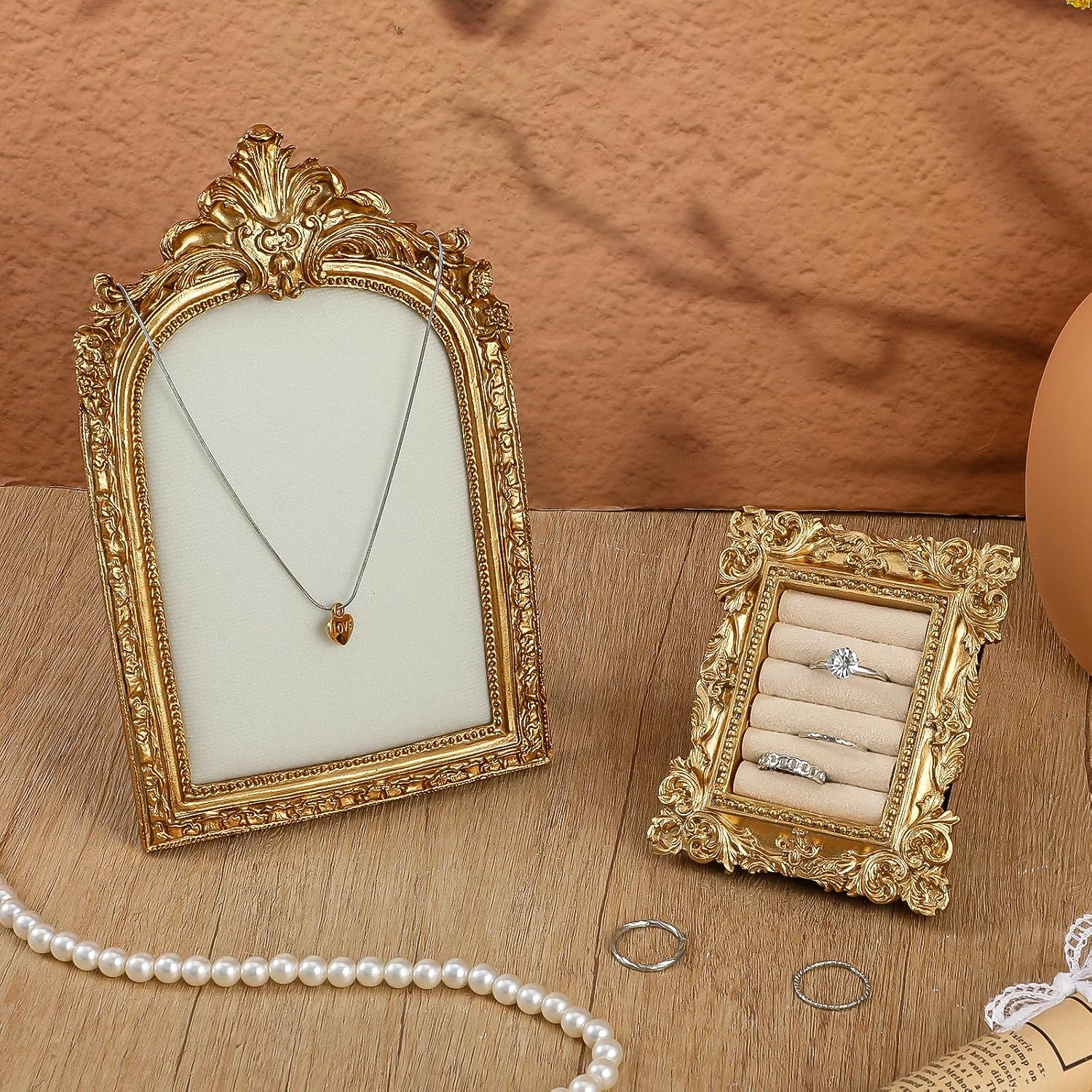 2 Pcs Vintage Jewelry Tray Set, Vintage Necklace Organizer with Velvet Backing and Ring Holder, Gold Ring Display Stand Frame, for Selling, Baroque Trinket Storage Dish Gifts for Women Wedding