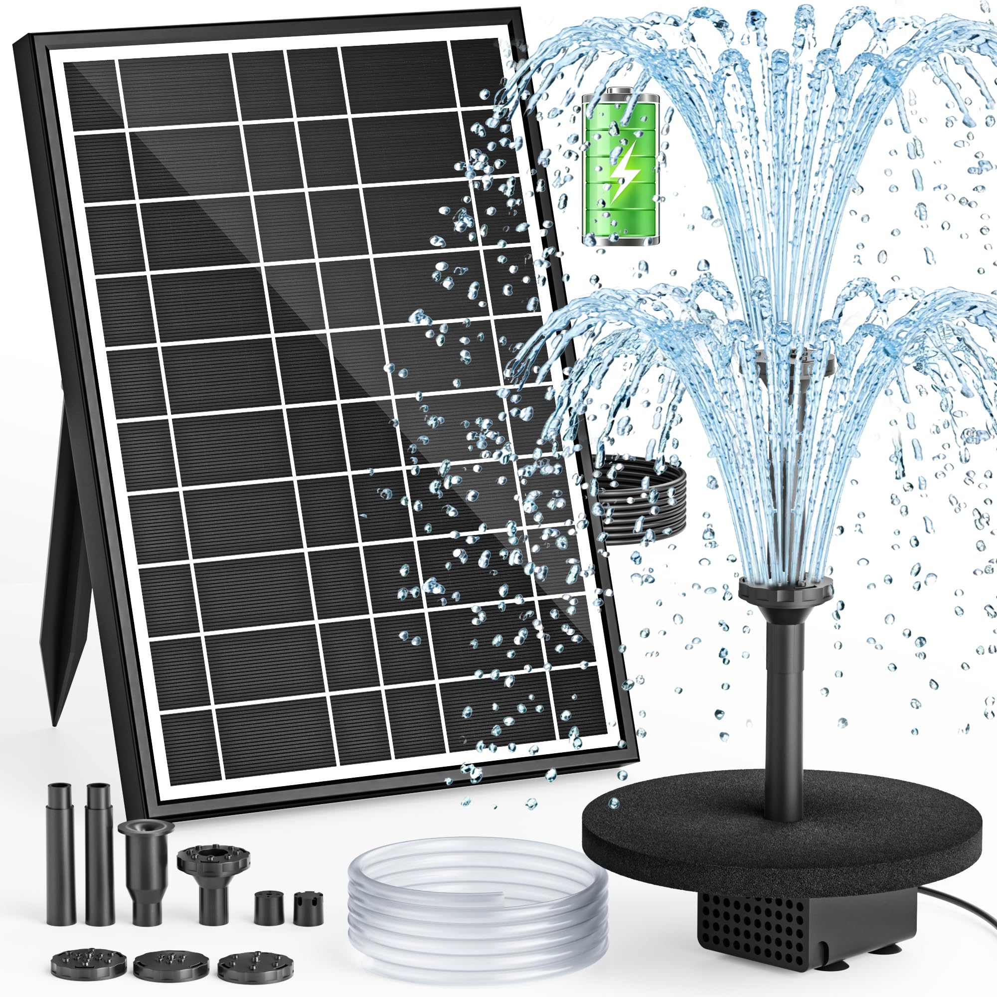 Pompe à Fontaine Solaire avec Batterie, 8.5W Pompe Solaire 3200mAh Intégrée, Buses Double Couche 7+ Modes & Tuyau PVC 1.5m, Fontaine Bassin pour Bac à Oiseaux Jardin