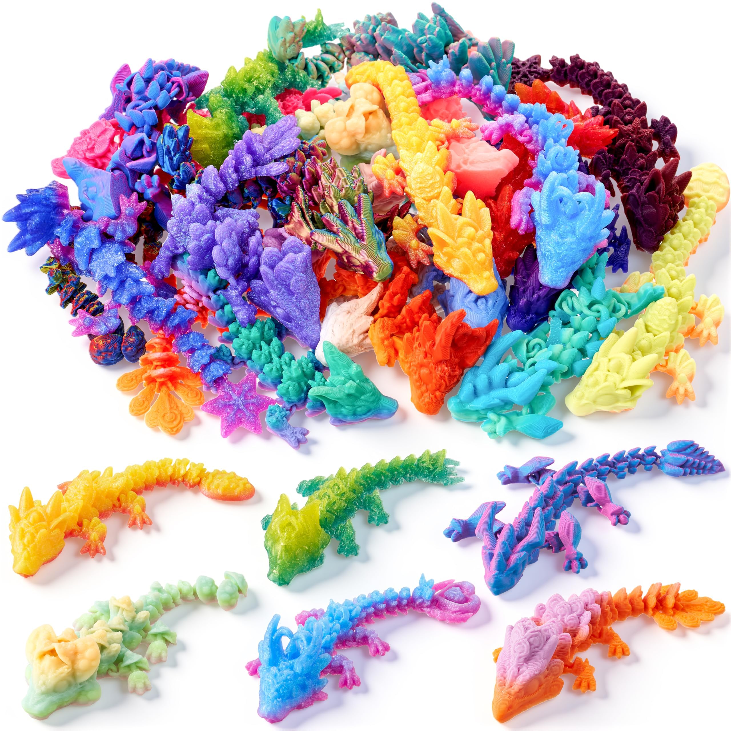 Photo 1 of JOYIN 24 Pcs 3D Printed Articulated Mini Dragons, Flexible Crystal Dragon Fidget Toy Set, 3D Printed Animals for Party Favors, Classroom Prizes, Goodie Bag Fillers & Desk Decor
