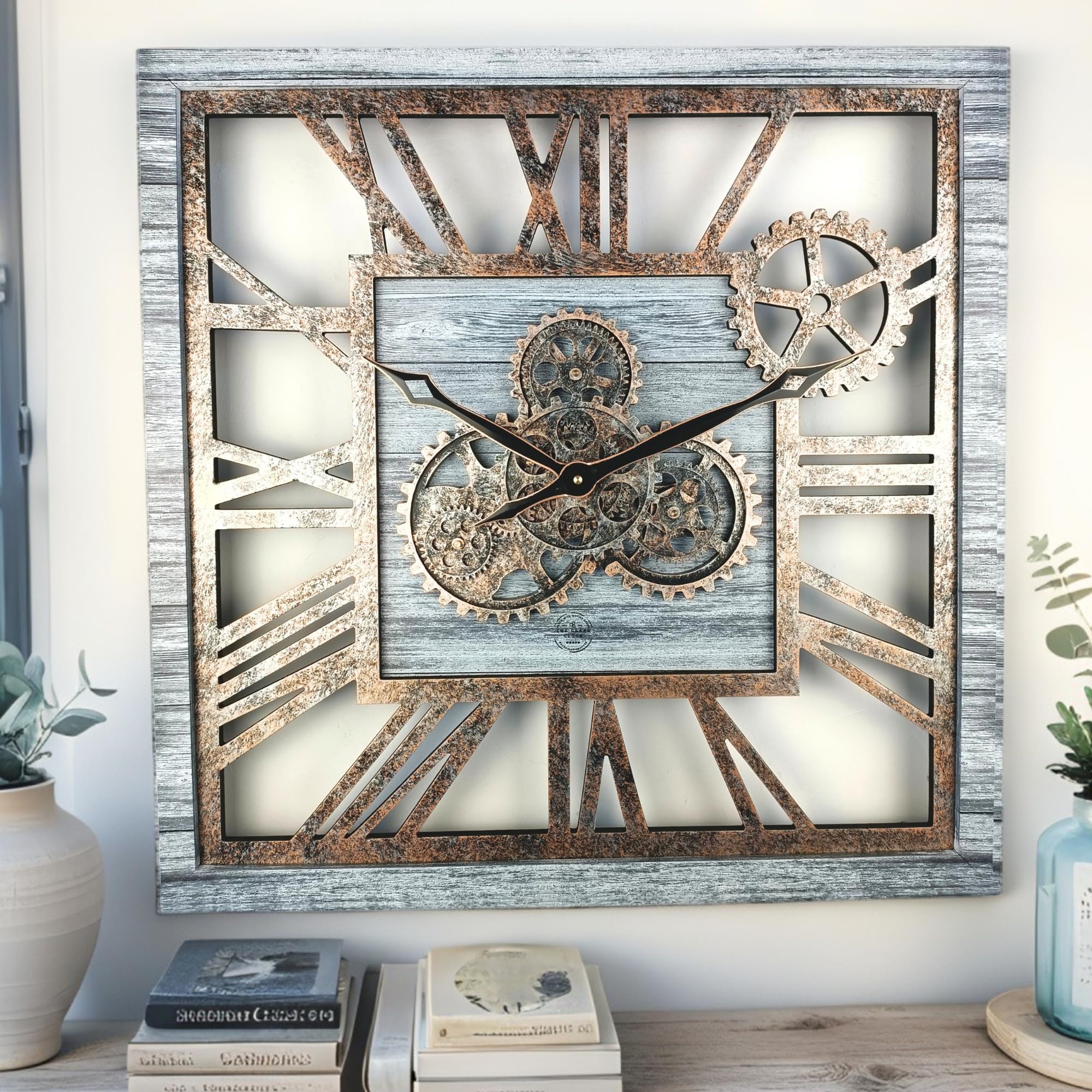 ImprovingLife The Gears Clock 24'' Inch Square Real Moving Gear Wall Clock Vintage Industrial Oversized Rustic Farmhouse (Silver Grey)