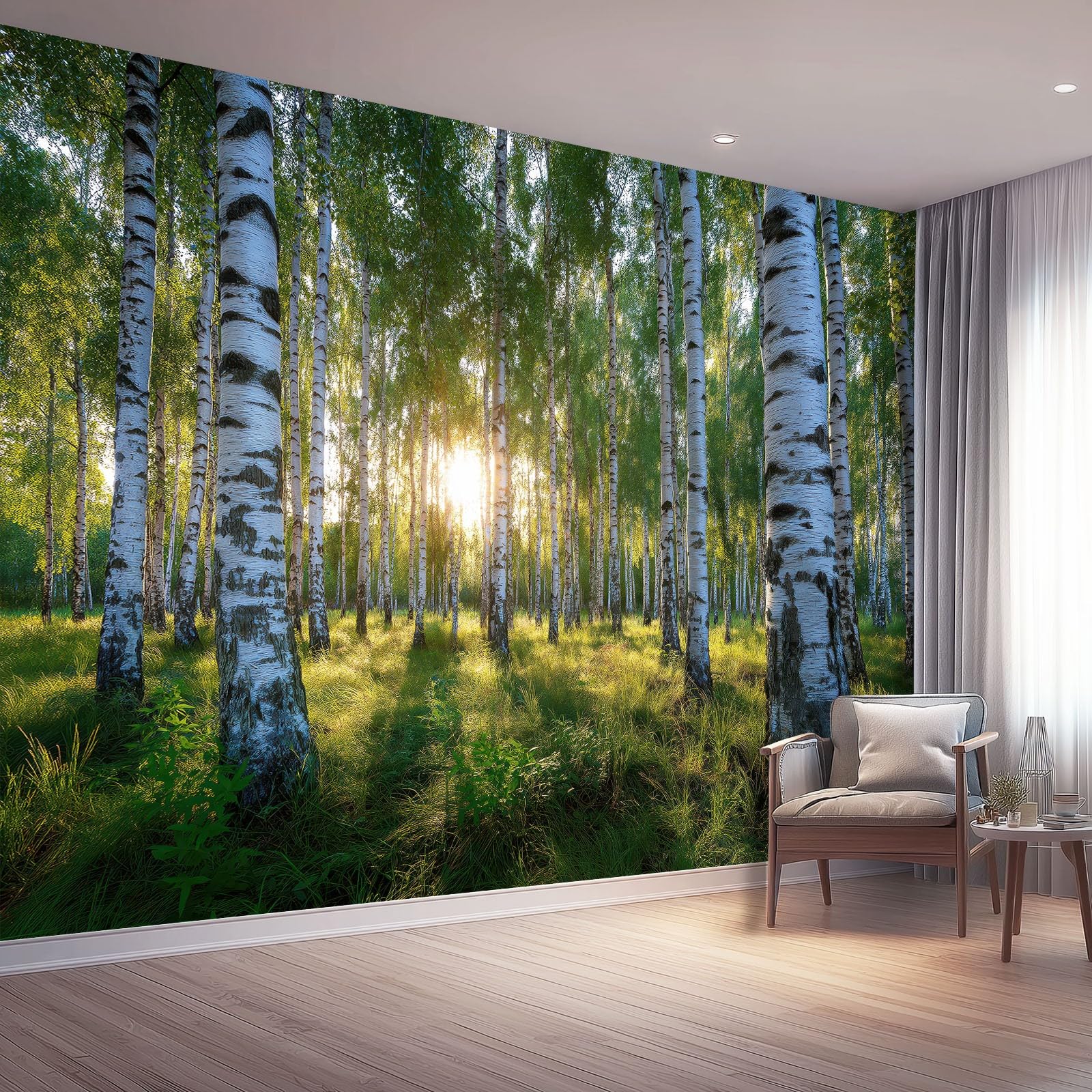 Landscape Nature Style Non-Woven Mural Wallpaper, Birch Tree Sunlight Pattern Non-Self Adhesive Mural, Green 3D Effect Photo Wallpaper Bedroom TV Background Living Room Decoration, 400 x 280 cm