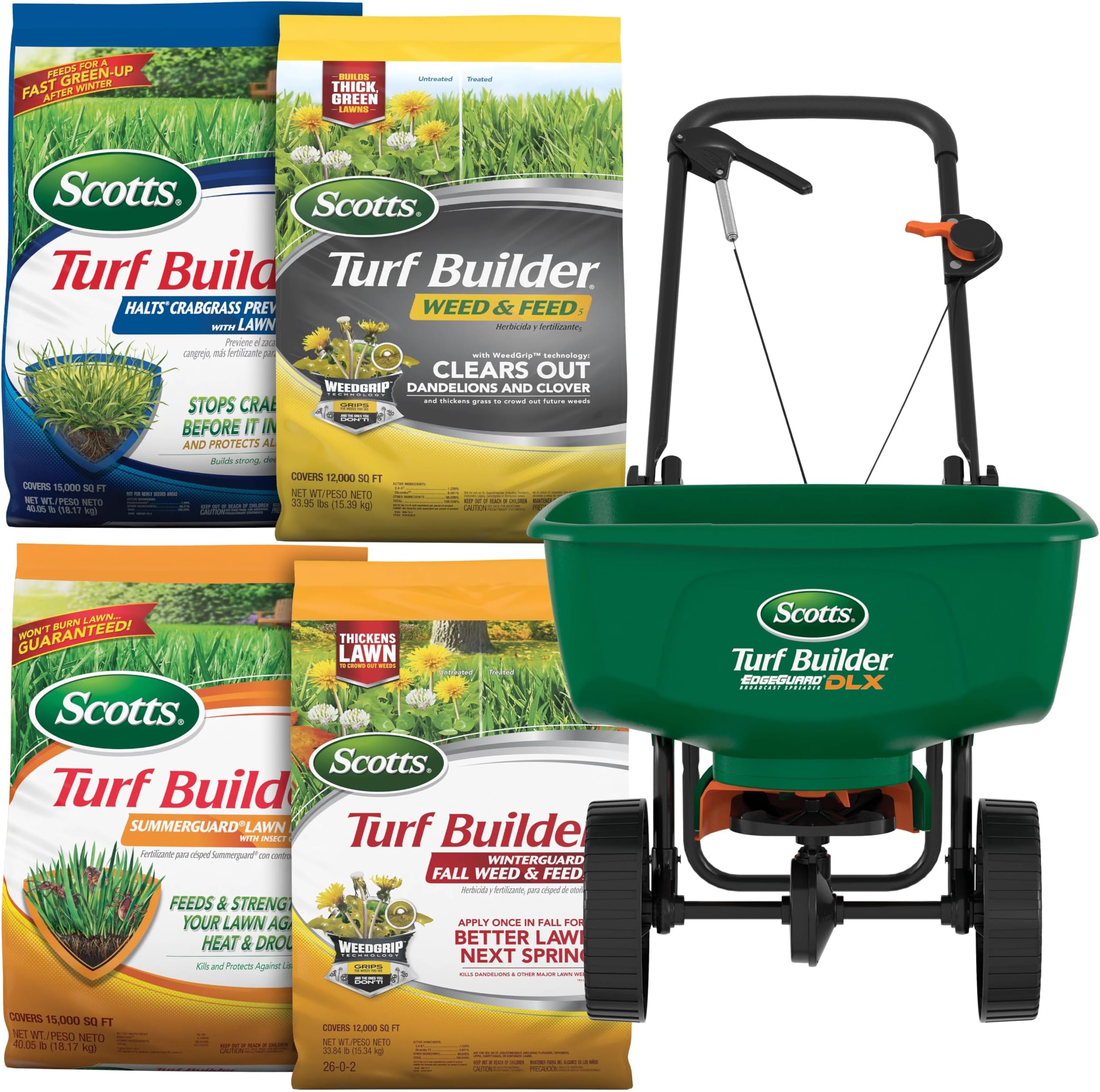 Scotts Turf Builder Bundle for Large, Northern Lawns and a Scotts Turf Builder EdgeGuard DLX Broadcast Spreader for Seamless Application