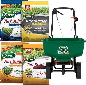 Scotts Turf Builder Bundle for Large, Northern Lawns and a Scotts Turf Builder EdgeGuard DLX Broadcast Spreader for Seamless Application