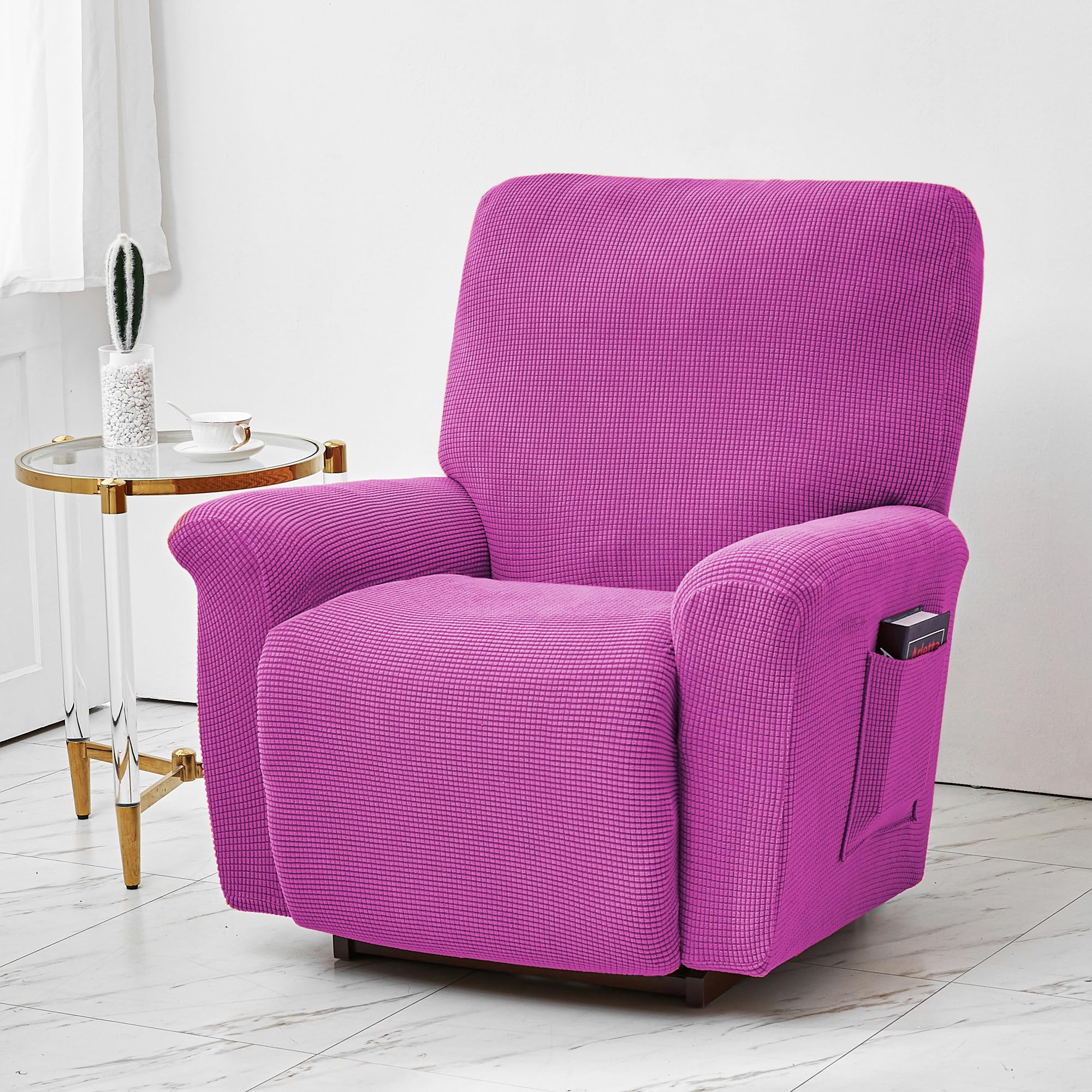 PENDEJATO Stretch Recliner Chair Cover, 4-Piece Soft Jacquard Recliner Slipcovers Lazyboy Recliner Cover Washable Furniture Protector with Pocket (Rose red)