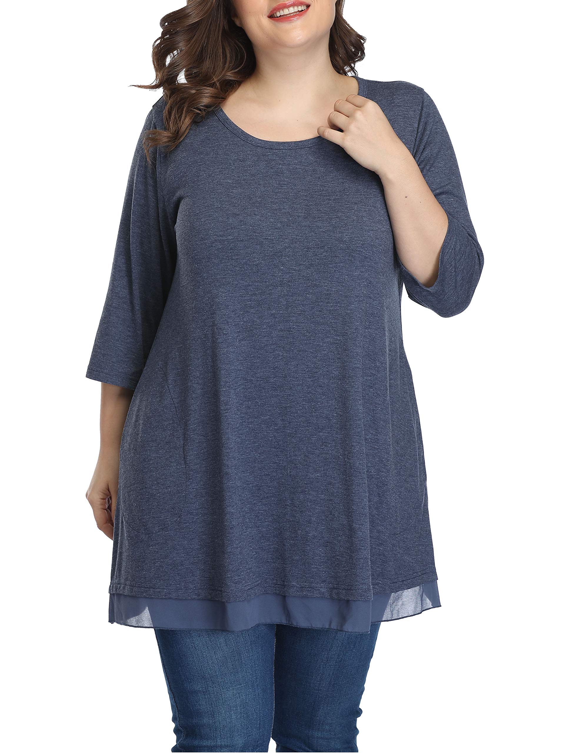 Shiaili Flowy damska tunika plus size, długie koszulki z rękawem 3/4