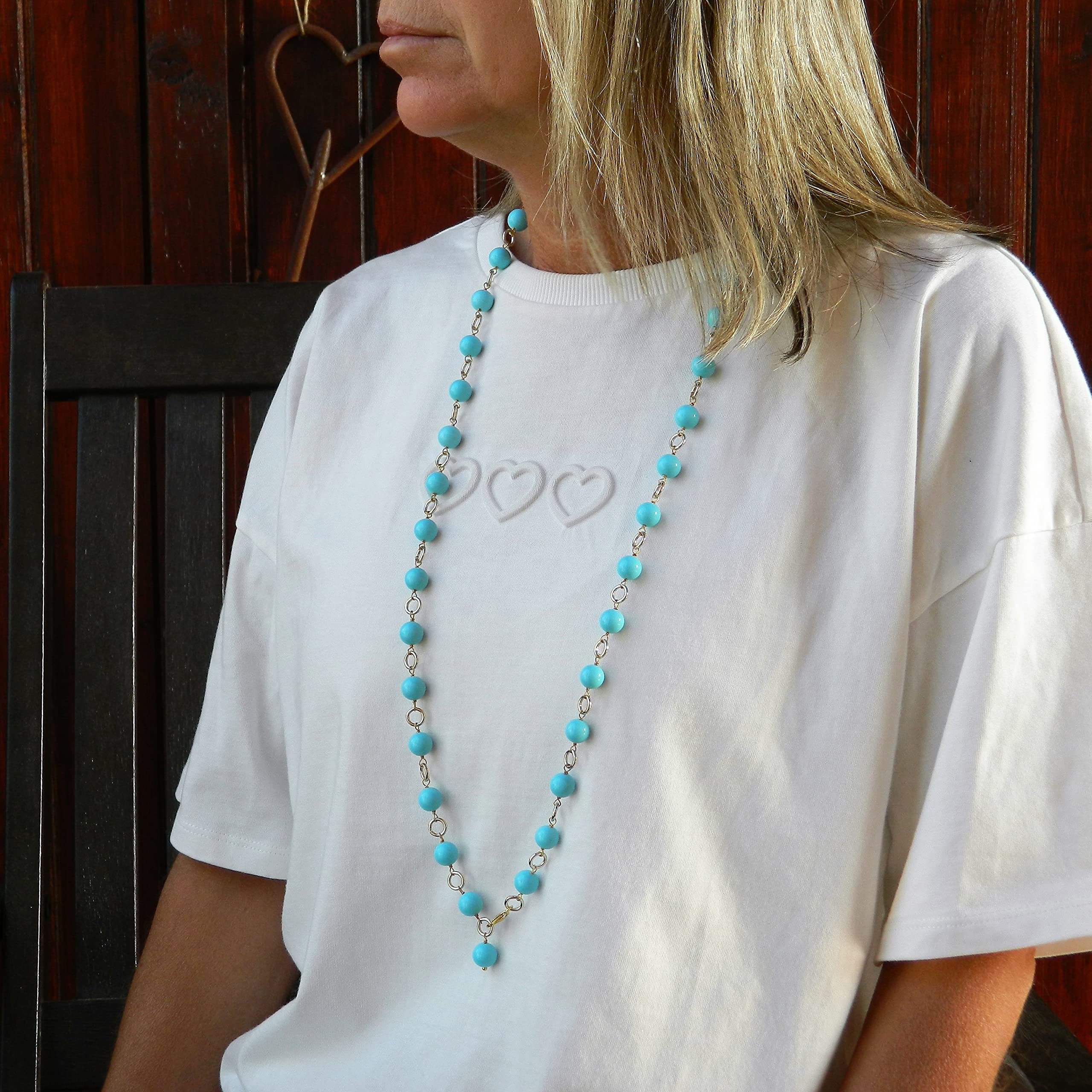 Collana Lunga Donna con Anellini Dorati e Palline in Pasta di Turchese – Handmade in Italia – Argento 925 – Nickel Free – 89 cm - DodiGioielli