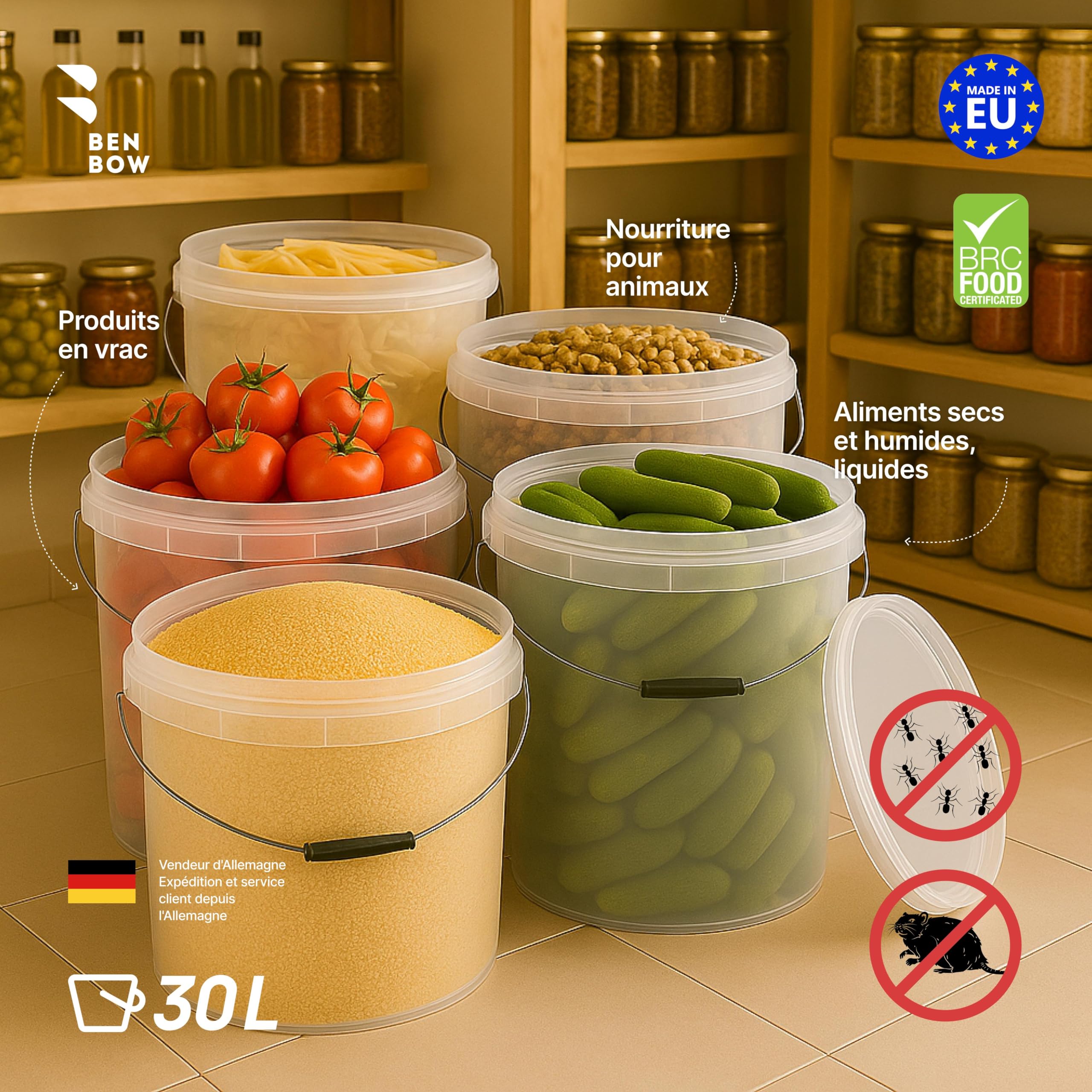 BenBow Seau avec Couvercle 30l Transparent - 5X 30l Alimentaire, Stable, étanche à l'air, Anti-Fuite, inodore - récipient de Conservation en Plastique, avec poignées - Vide