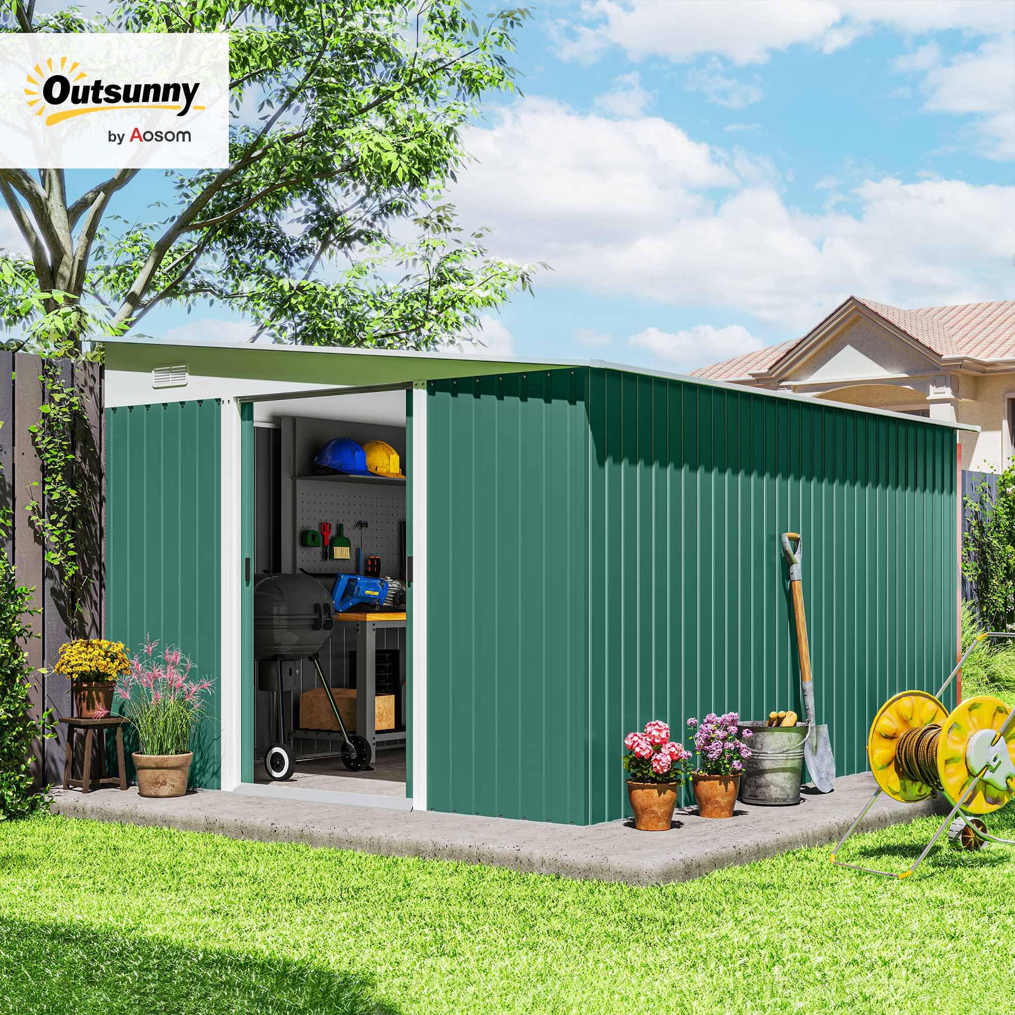 Outsunny Casetta da Giardino 8.9m² in Acciaio Zincato con 2 Prese d'Aria, Capanno Porta Attrezzi con Tetto Inclinato, Doppie Porte Scorrevoli Bloccabili e Guanti, 280x345x169/201cm, Verde