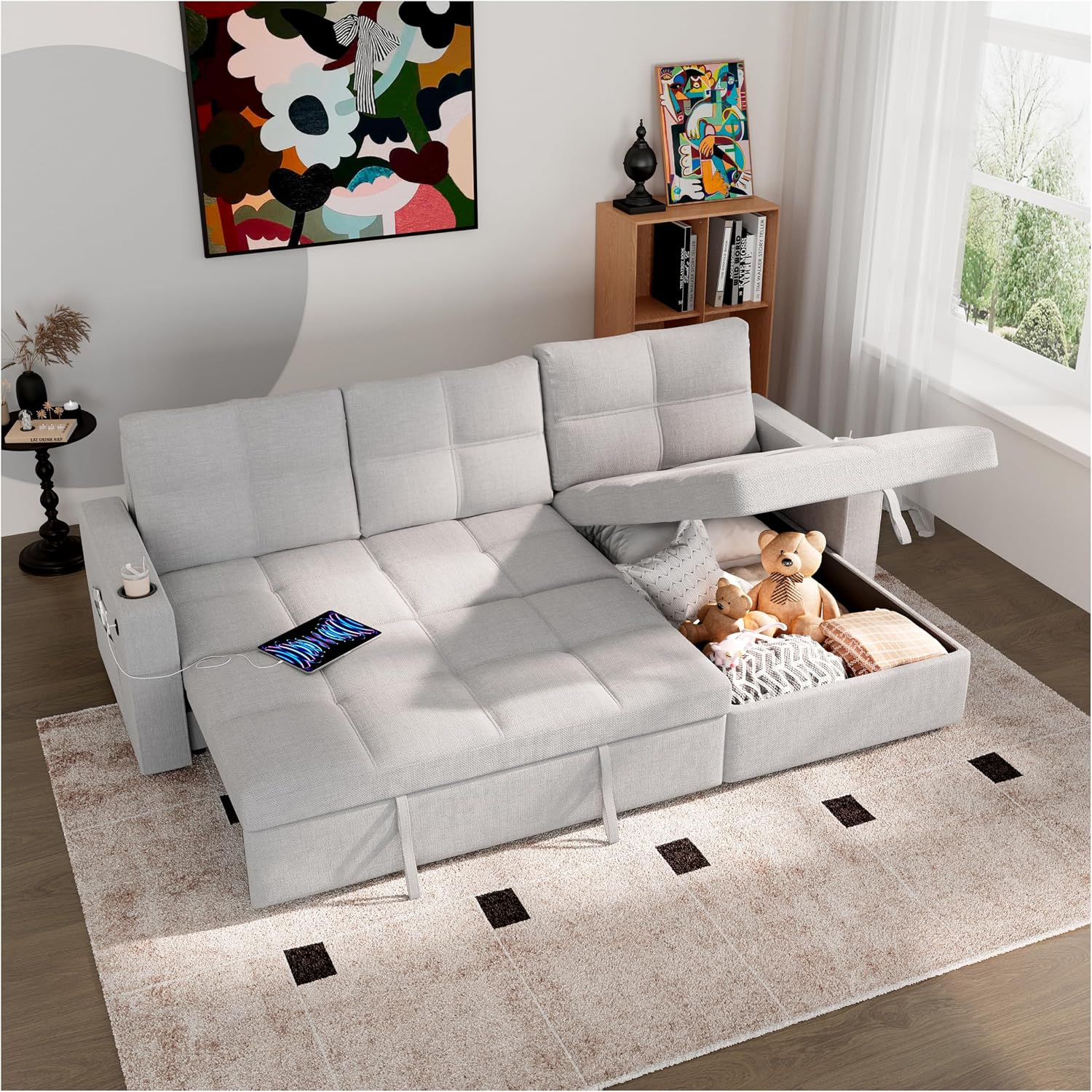 85" L-Shaped Sleeper Sofa Bed Storage USB Cup Holders Gray