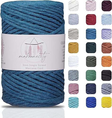 Makromecity, Cordón de macramé de una sola hebra de 0.118 in x 100 yardas (300 pies) de 0.118 pulgadas (0.118 in), una hebra de algodón azul marino,