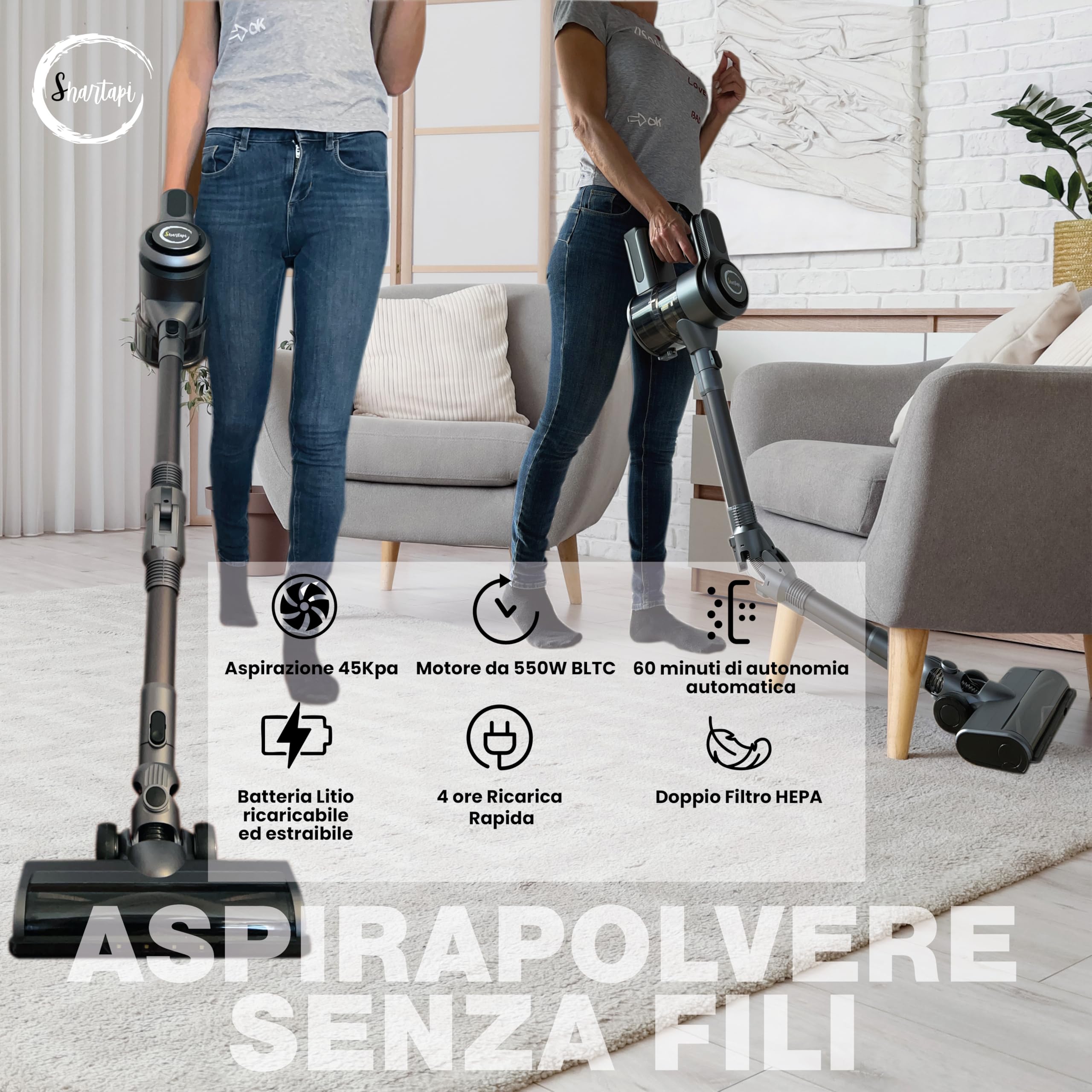 Aspirapolvere Senza Fili, Potente, Battimaterasso 60min Autonomia, Spazzola Antigroviglio,Tubo Pieghevole,Scopa Elettrica, Aspirabriciole Display Led Aspirazione Automatica 6 Velocita' 550W 45kpa