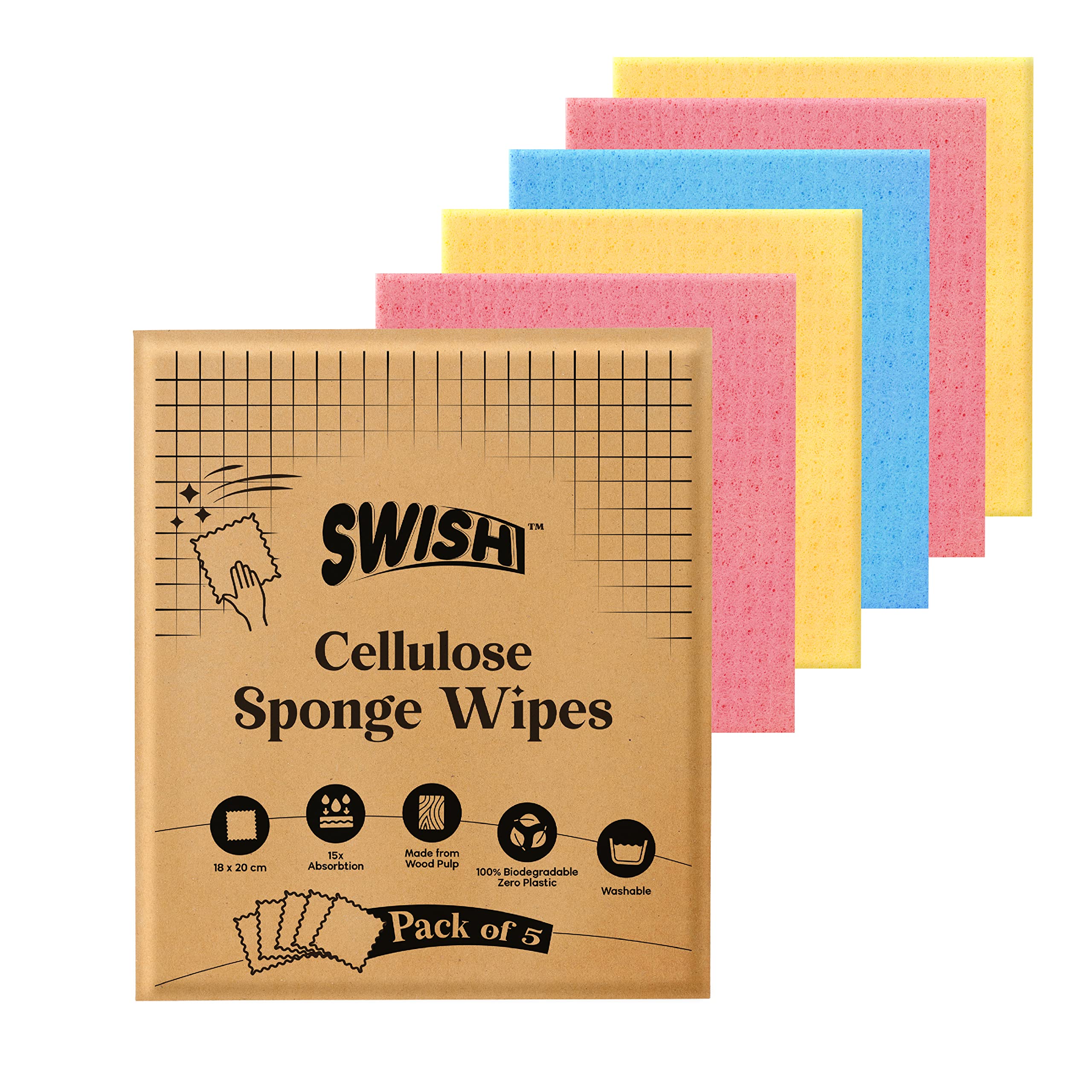 Swish Multi-Purpose Sponge Wipes (Pack of 5) | Reusable Kitchen Cleaning Sponge - 10x Absorbent | Multipupose Washable Sponge Wipes for Dry & Wet Use | Natural Cellulose Sponge Wipes for Kitchen (B0C6QT7VRR) Amazon Price History, Amazon Price Tracker