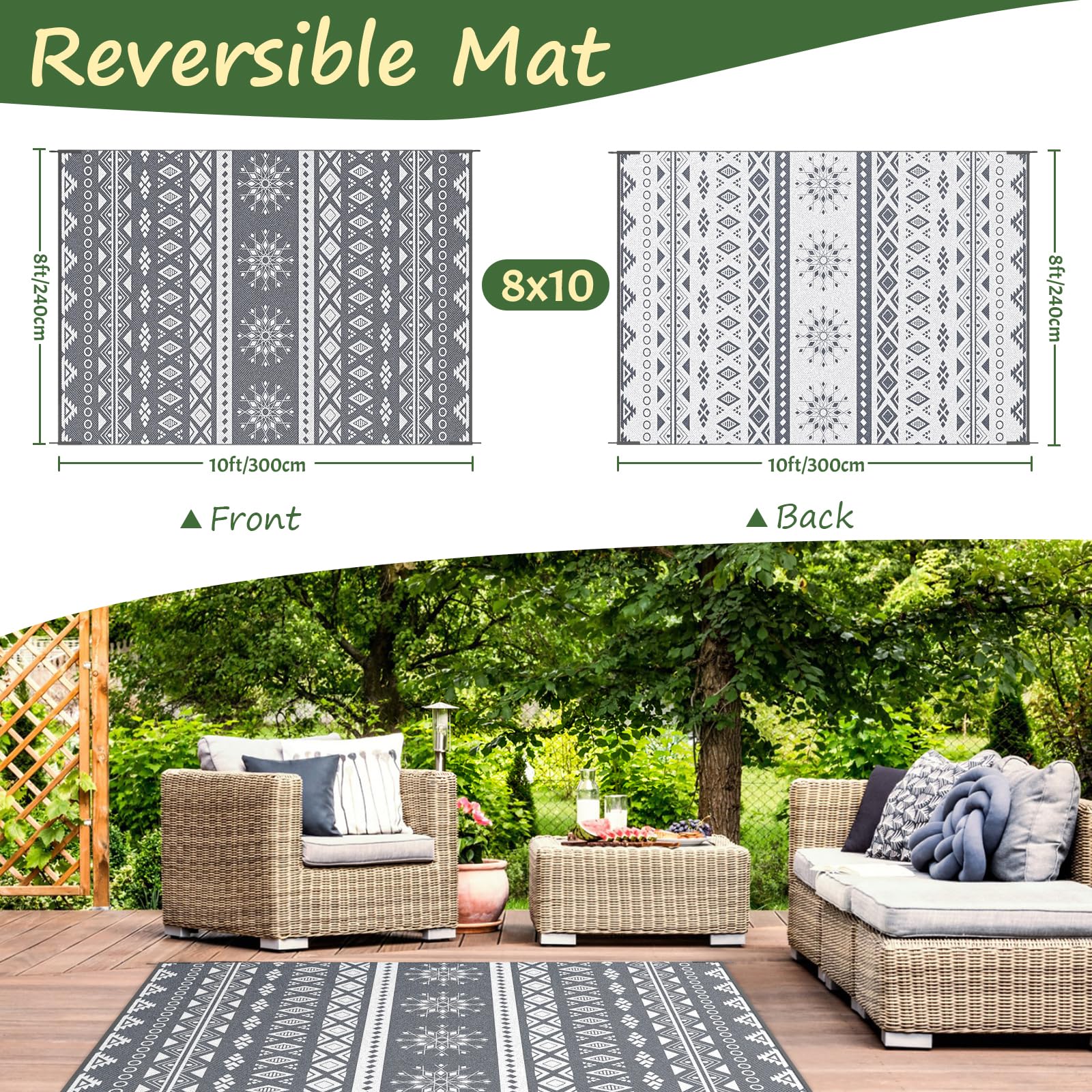 MOKANI Large Outdoor Rug for Patio Waterproof Reversible Garden Rugs 240x300 cm, Plastic Carpet - Image 3