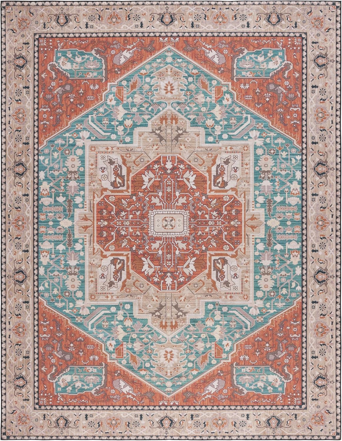 SAFAVIEH Washable Rug Tucson Collection - 8' x 10', Aqua & Rust, Slip Resistant & Easy to Clean, Ideal for Living Room, Bedroom, Dining Space (TSN150J)