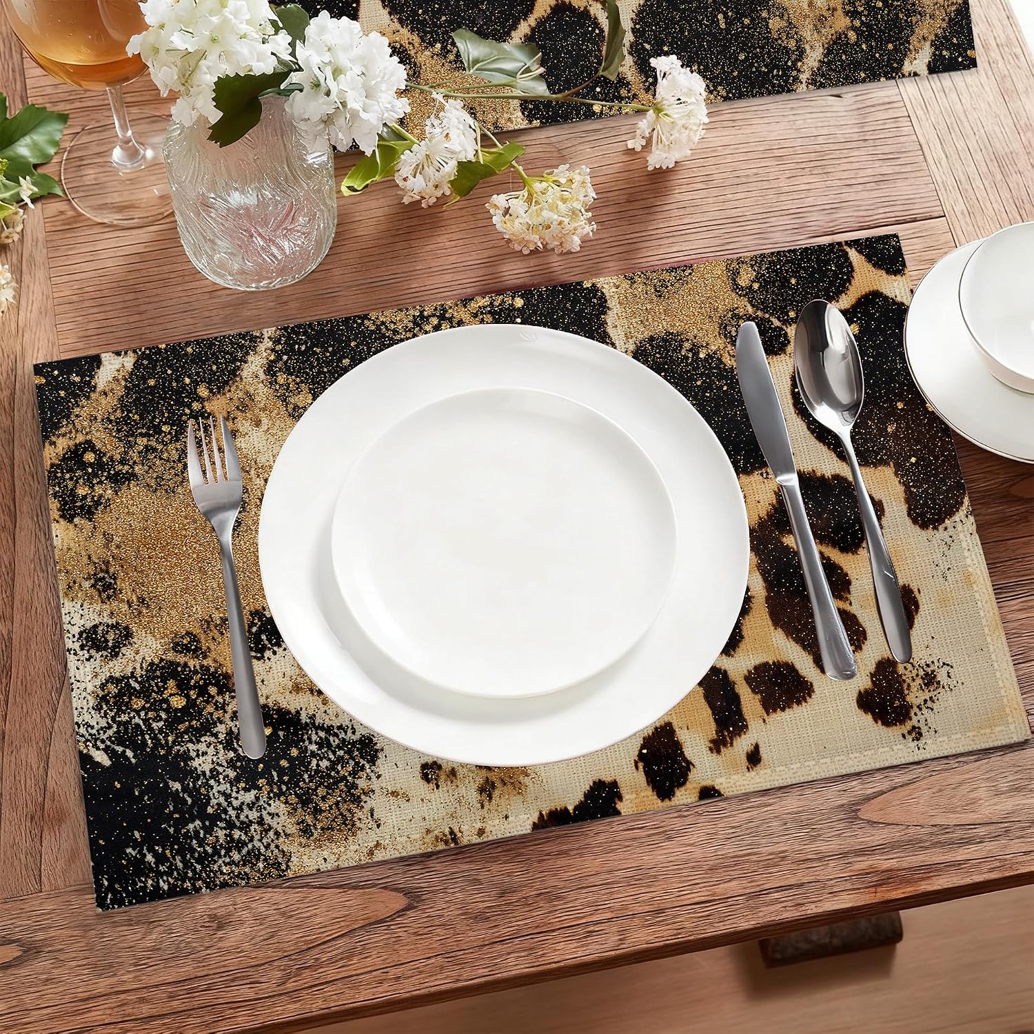 Vintage Leopard Print Fabric Placemats,Gold Glitter Table Placemats Set of 6 Cloth Place Mats, Washable Heat-Resistant Table Mats for Home Kitchen Dining Room Decoration 11.8x17.7 Inch image 5