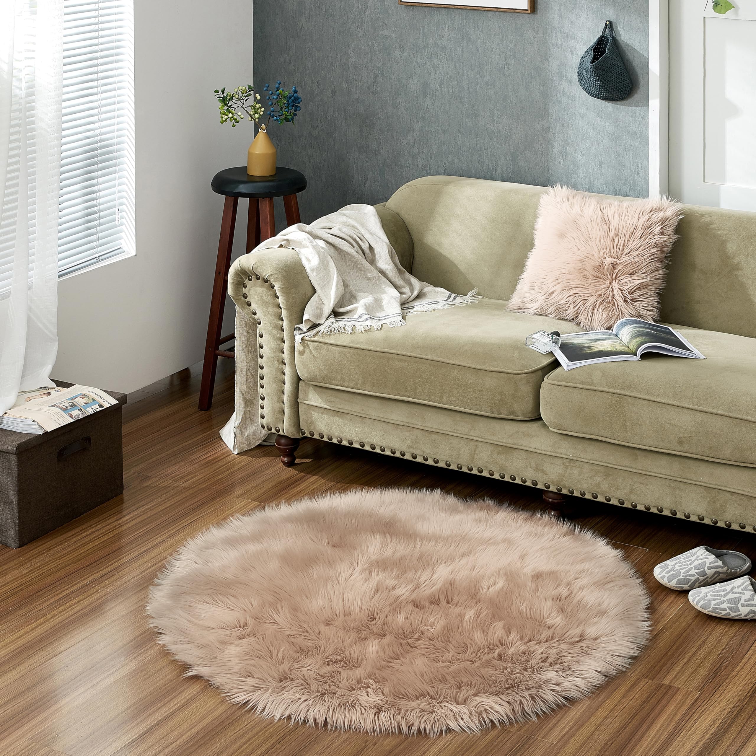 Tappeto in Pelle D'agnello, Imitazione Della Pelliccia - Soggiorno Camera Da Letto - Tappeto Da Letto Lavabile, Cuscino Di Seduta, Pelliccia Per Sedia, Divano - Beige - 120 cm Rotondo