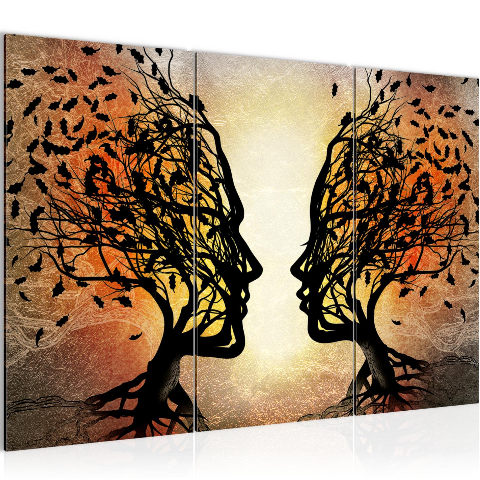 Runa Art Kiss Tree Couple Canvas Wall Art for Living Room XXL black orange Love 120 x 80 cm 3 Pieces Wall Decoration 041231a