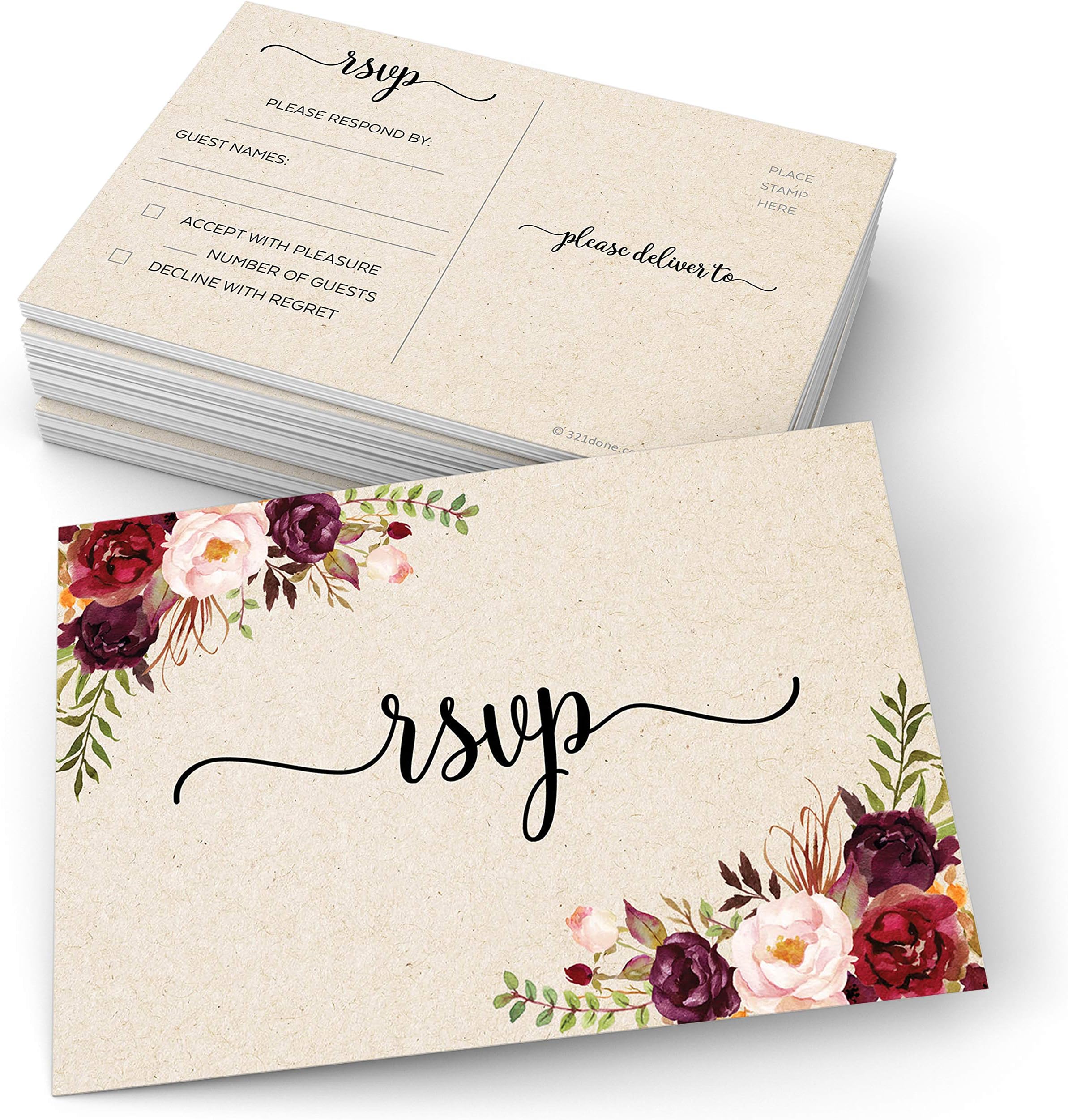 321Done RSVP Postcards (Set of 50) Red Roses Floral 4" x 6" - Blank with Mailing Side, Response Cards for Bridal Shower, Wedding, Party - Made in USA - Kraft Tan