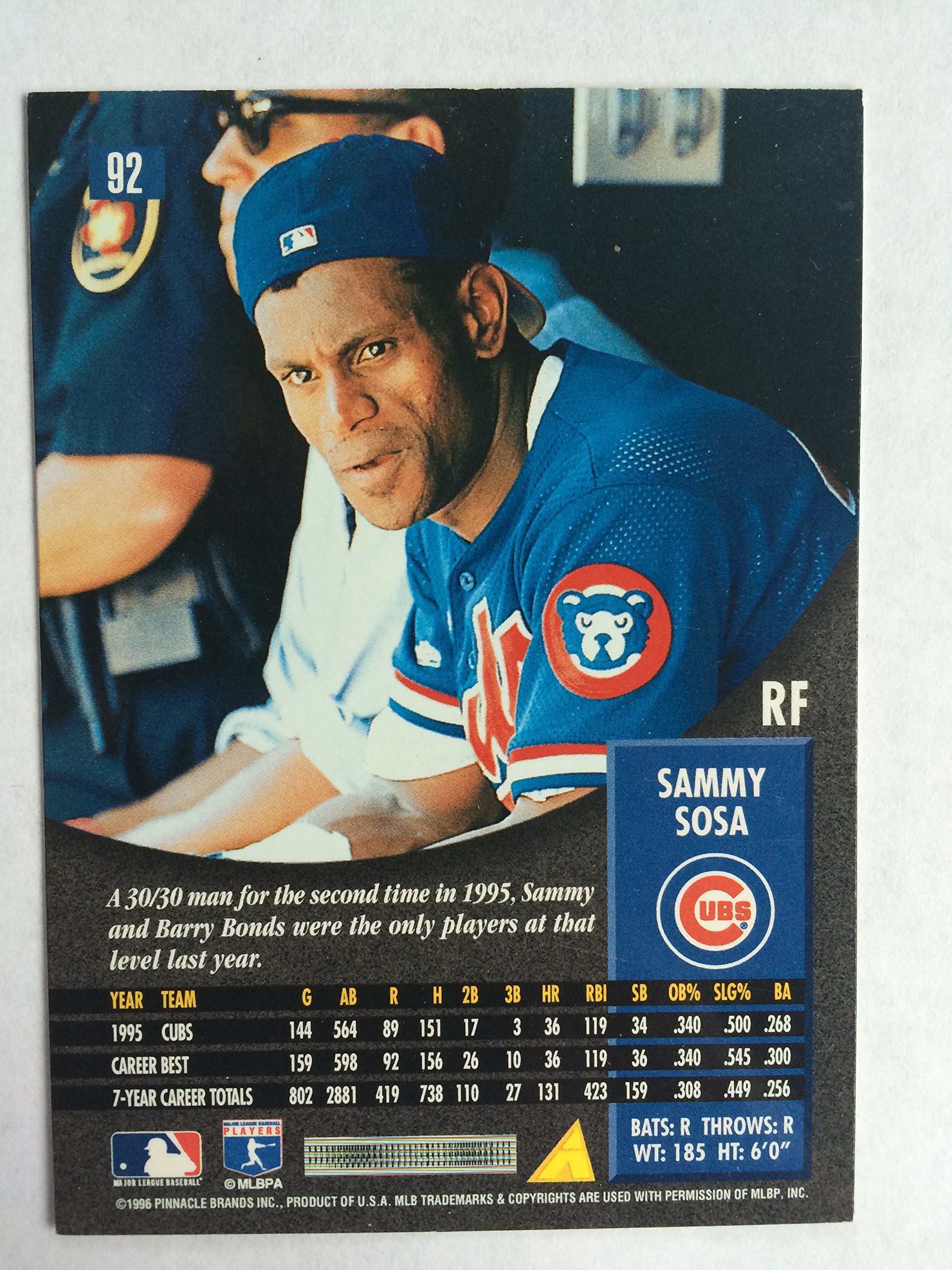 Amazon.com: 1996 Pinnacle #92 Sammy Sosa NM/M (Near Mint/Mint) :  Collectibles & Fine Art