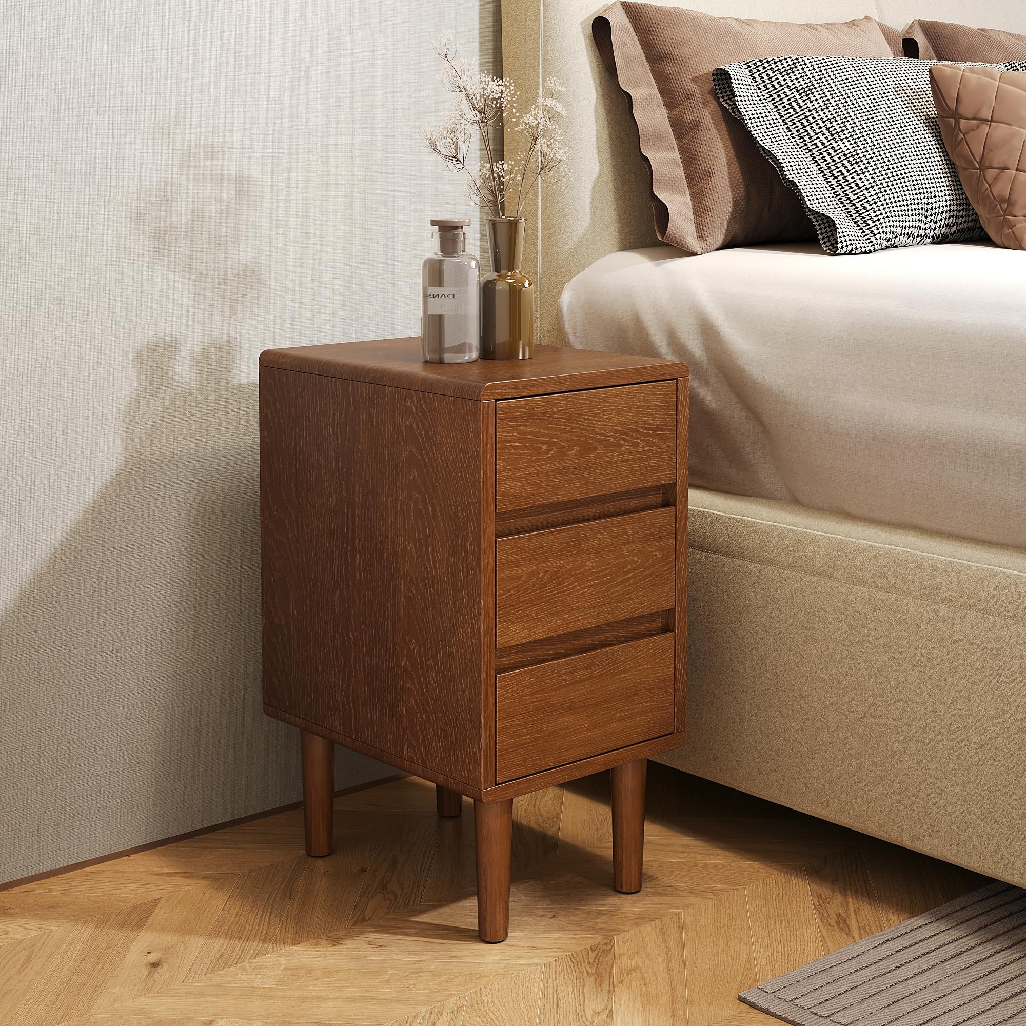 Nightstand with 3 Drawers Narrow Night Stand Solid Wood Bedside Table Mid Century Modern Nightstand Wooden End Table for Bedroom, Study, Office