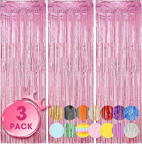 Voircoloria Paquete de 3 cortinas de fondo de flecos de papel de aluminio de color rosa claro de 3.3 x 8.2 pies, decoración de fiesta de cumpleaños,