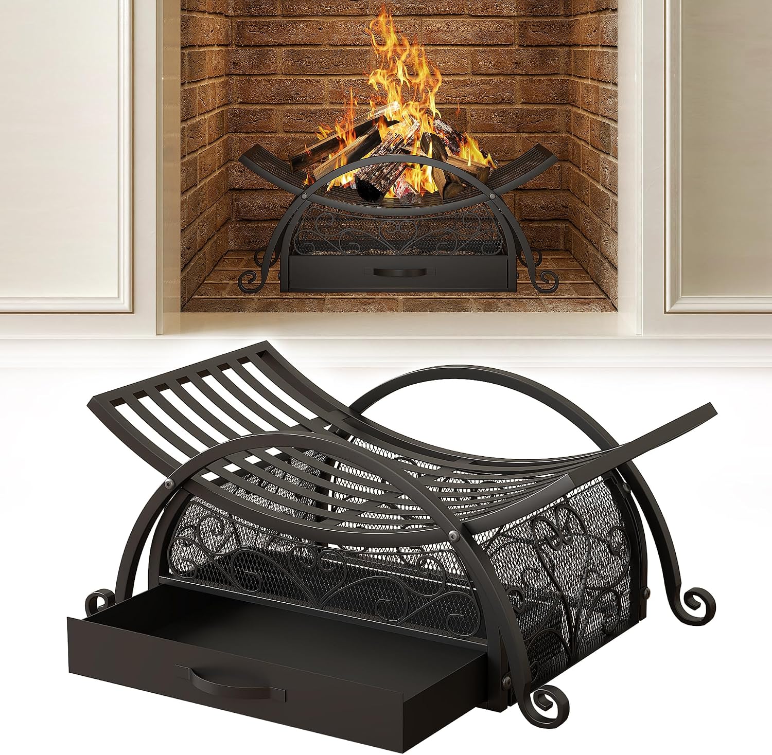 Fireplace Grate 19.4 Inch with Ash Tray Pan, Fireplace Log Holder