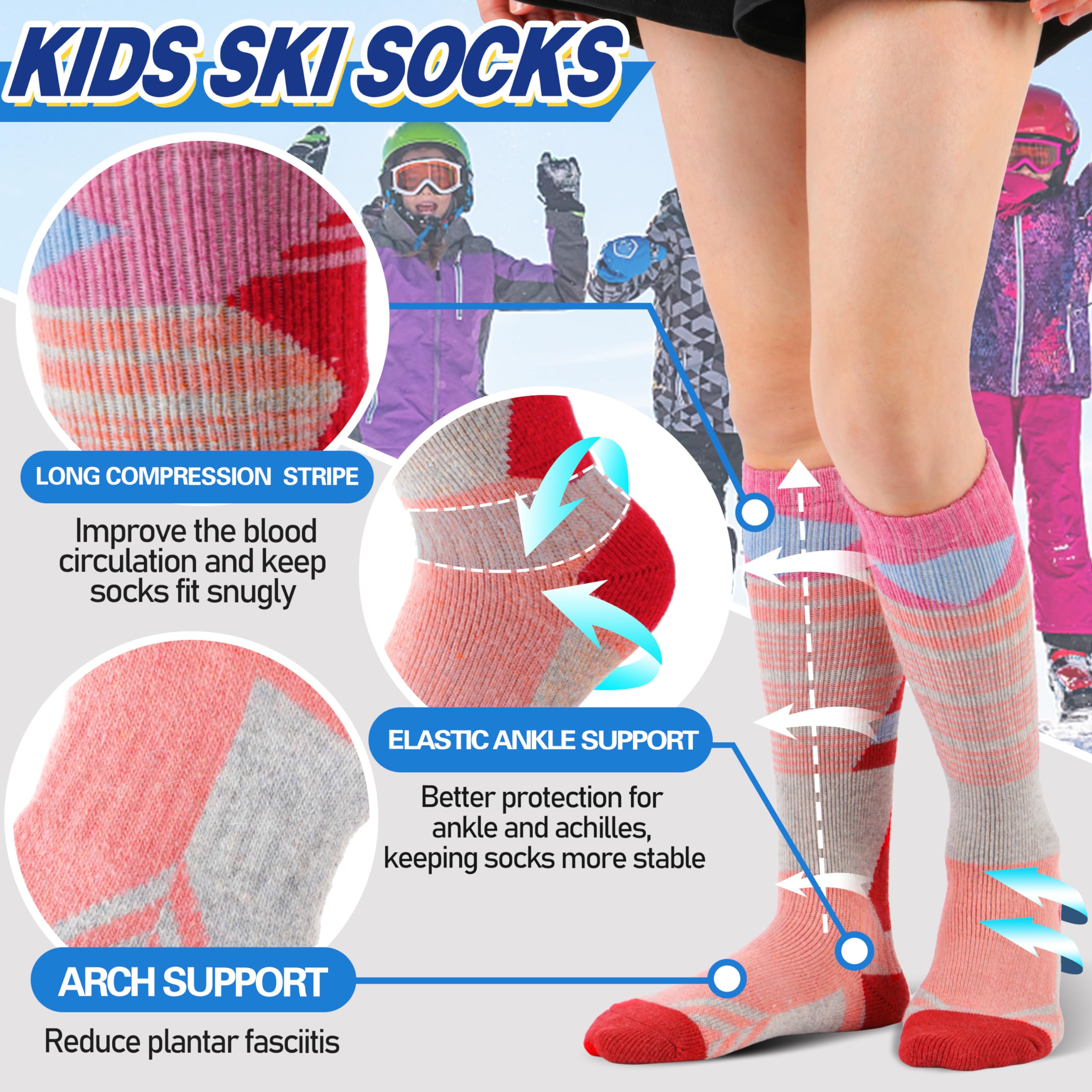 ANTSANG 3 Pares Calcetines Ski Lana Merino Niños Niñas Térmicos Abrigados Invierno Gruesos Acolchados para Snowboard Esquí