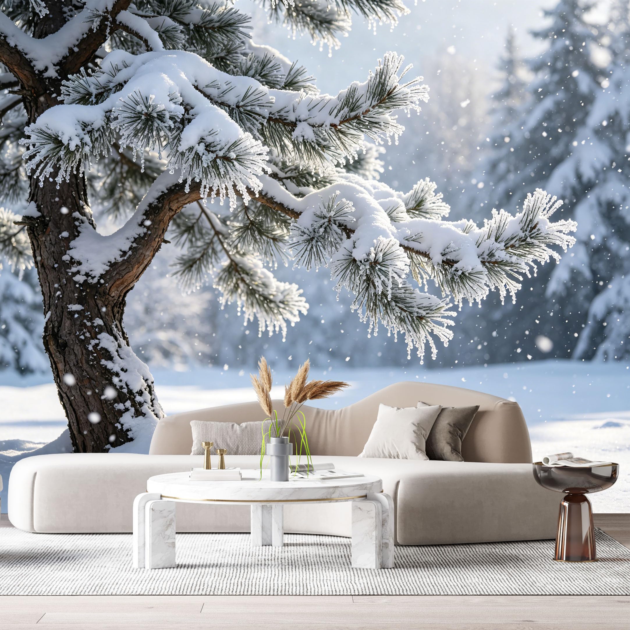 Custom Size Wall Murals Snowy Pine Forest Landscape Winter Tree Branches Frost Nature Scene SelfAdhesive Wall Fabric Removable Large Wallpaper for Photo Living Room