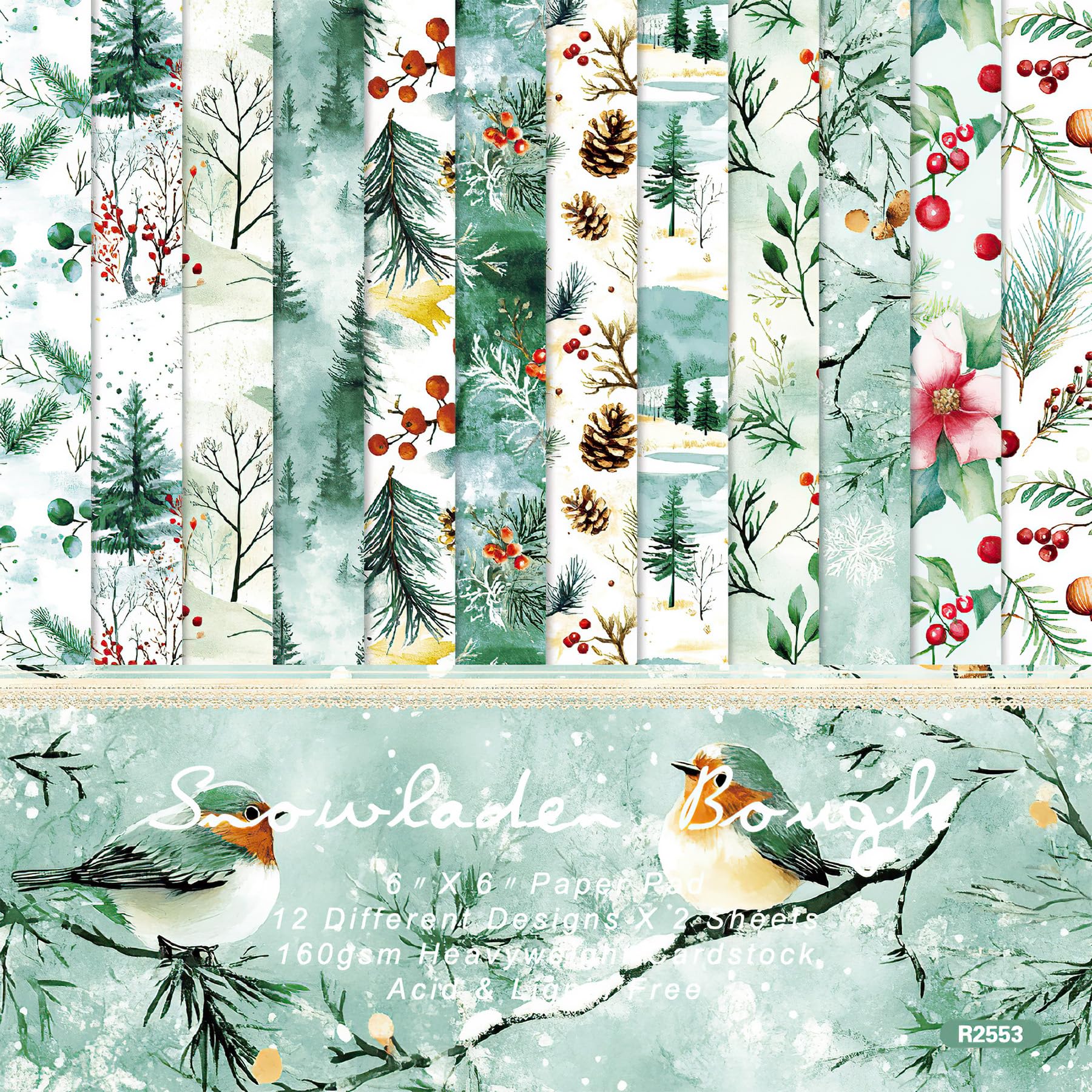 24 arkusze papieru do scrapbookingu, choinka, zielona, natura, las, 15 x 15 cm, kartonowe podkładki papierowe, jednostronne, zimowe wakacje, karton do samodzielnego wykonania kart, albumu