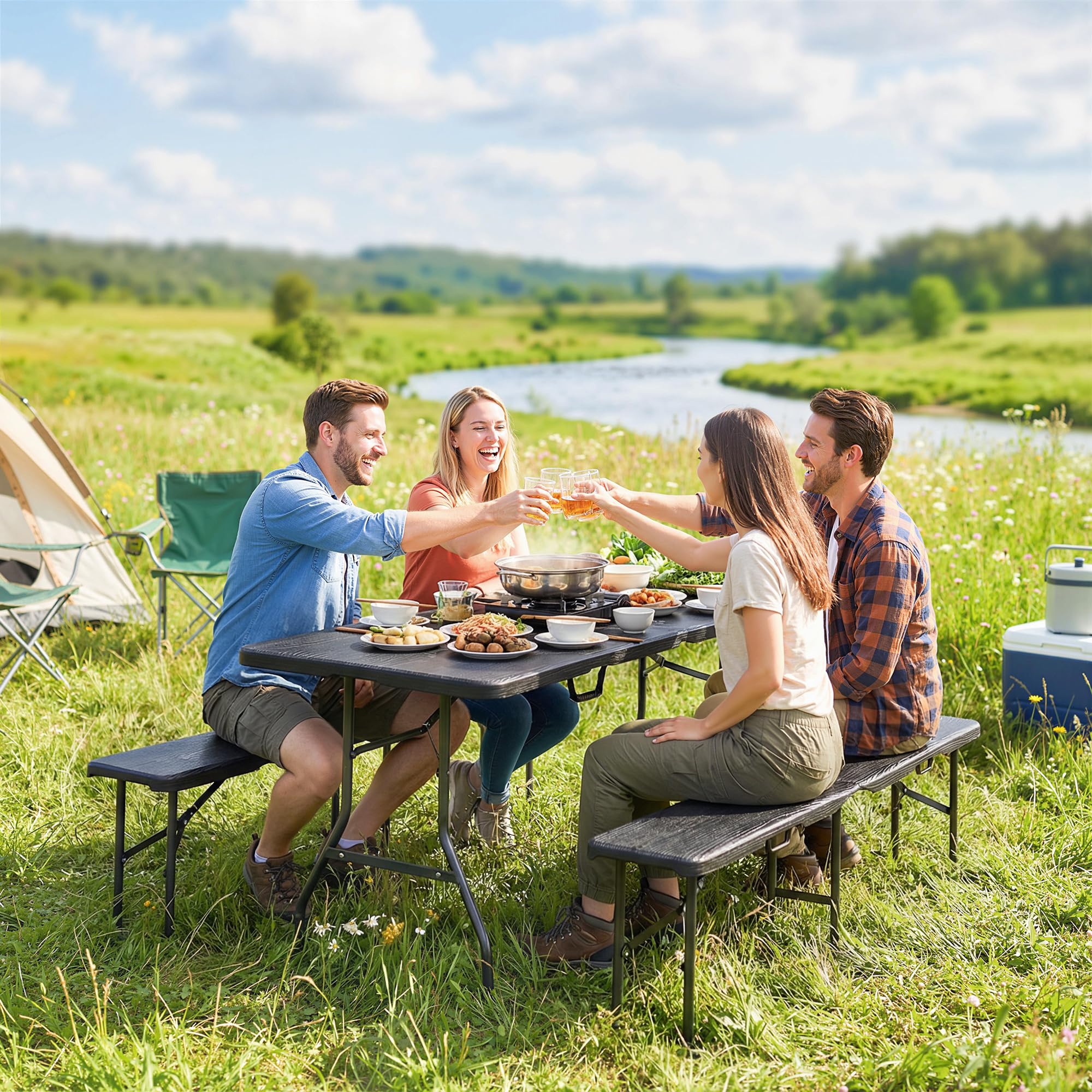 Outsunny Ensemble Table Pliante et bancs de Pique-Nique 180 cm, Table Camping Pliante avec chaises Portable avec poignées de Transport, Banc Pliable pour terrasse, Jardin, Barbecue, Noir