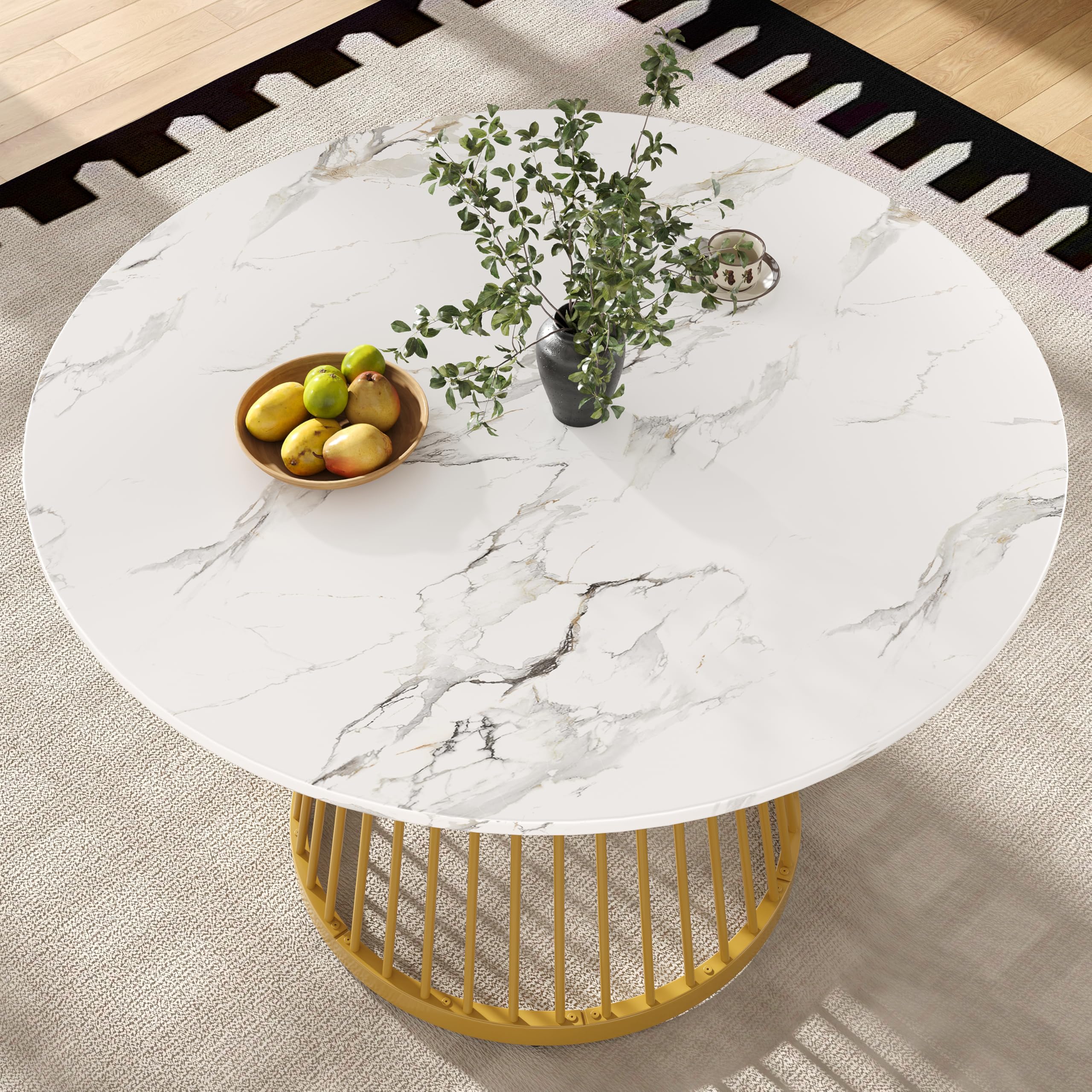 Merax Runder Esstisch Klein Tisch 80cm, Moderner Küchentisch Esszimmertisch für 4 Personen, MDF-Tischplatte mit Marmormuster, Stabiles Zylindrischer Sockel, für Küche, Wohnzimmer, Esszimmer, Gold