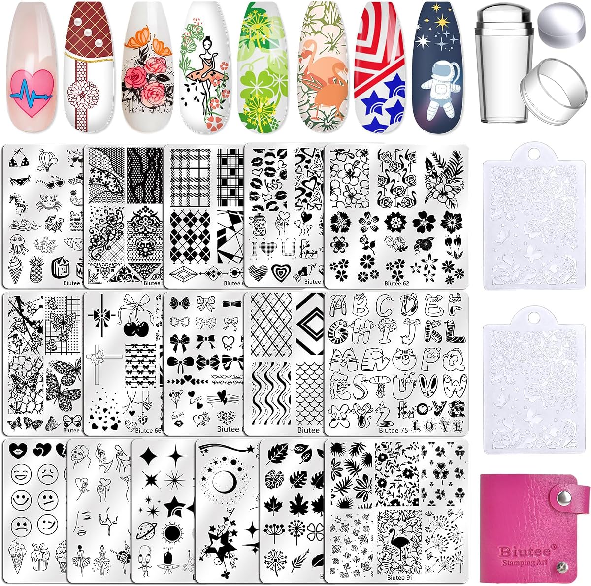 Biutee Nail Stamping Kit with 16 Nail Stamping Plate | Clear Nail Stamper, 2 Scrapers, Storage Bag, Nail Art Stamp Plate with Floral Star Geometric Beach Designs for DIY Manicure