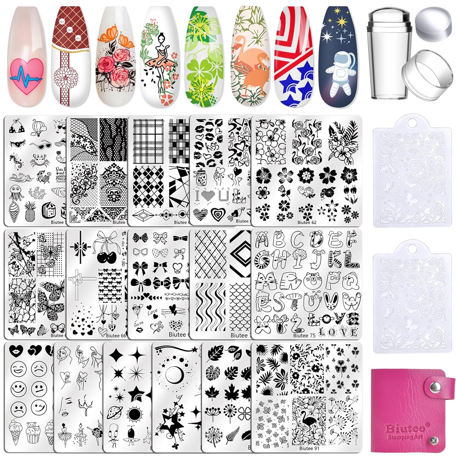 Biutee Nail Stamping Kit with 16 Nail Stamping Plates, Clear Jelly Nail Stamper, 2 Scrapers & Storage Bag, Nail Art Stamping Plate Set with Floral Geometric Beach Designs for DIY Manicure