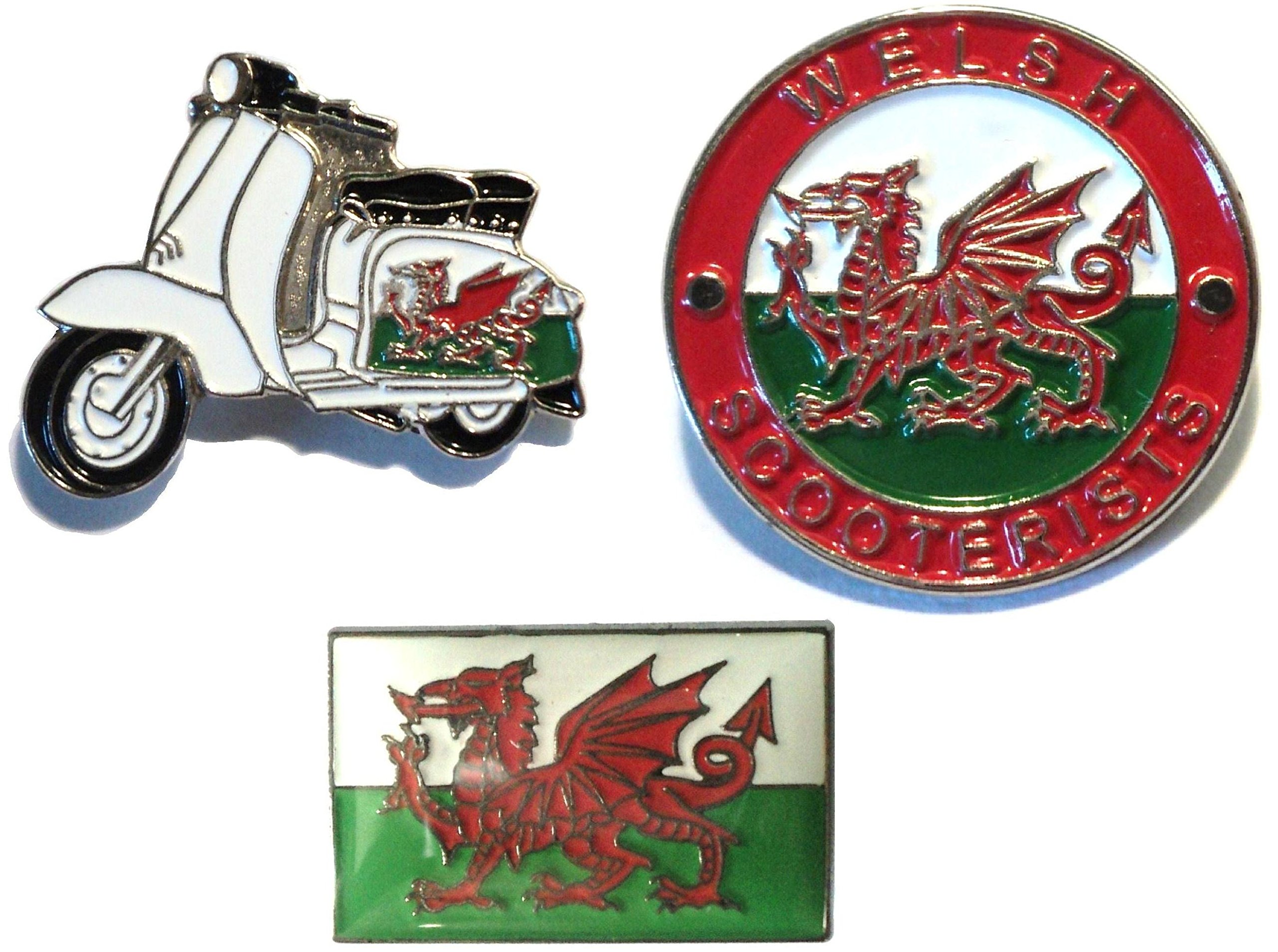 Wales Dragon Flag Scooter Welsh Scooterist MOD Metal Enamel Badge Set